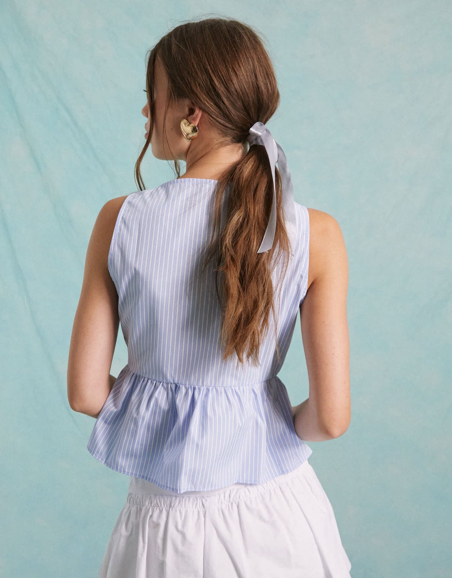 Miss Selfridge poplin tie front sleeveless top in blue stripe - ASOS Sample Sale EU Store