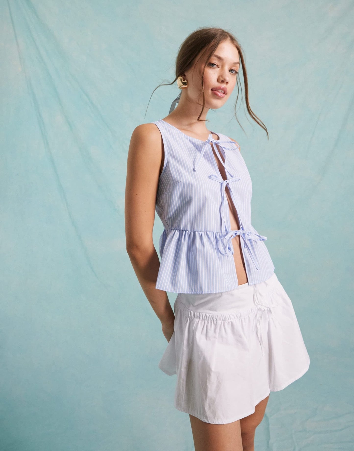 Miss Selfridge poplin tie front sleeveless top in blue stripe - ASOS Sample Sale EU Store