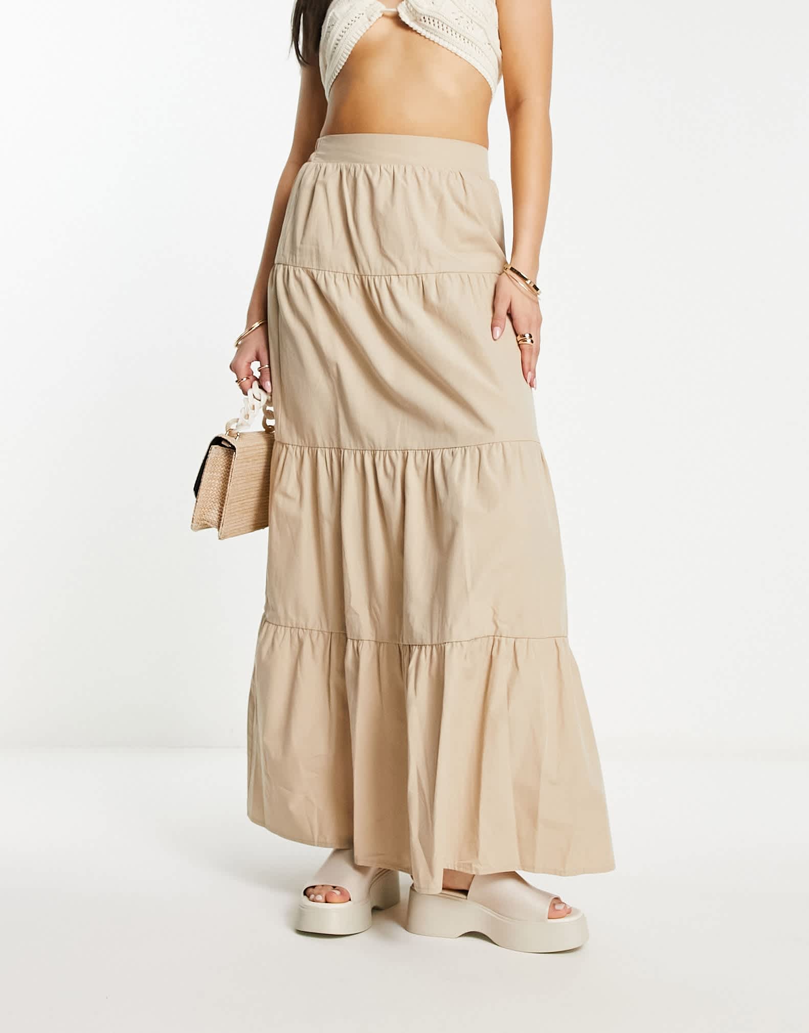 Miss Selfridge poplin tiered maxi skirt in stone - ASOS Sample Sale EU Store