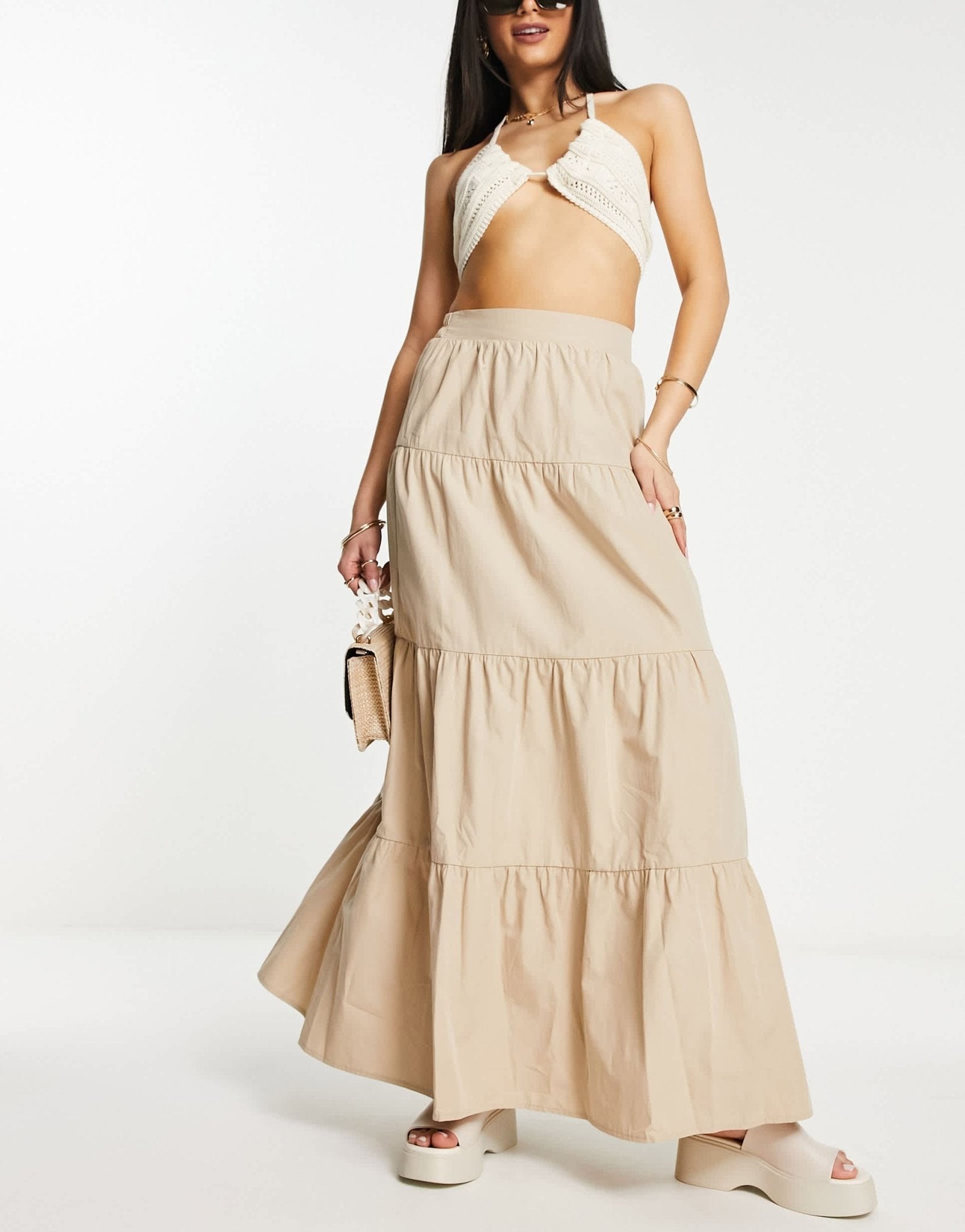 Miss Selfridge poplin tiered maxi skirt in stone - ASOS Sample Sale EU Store