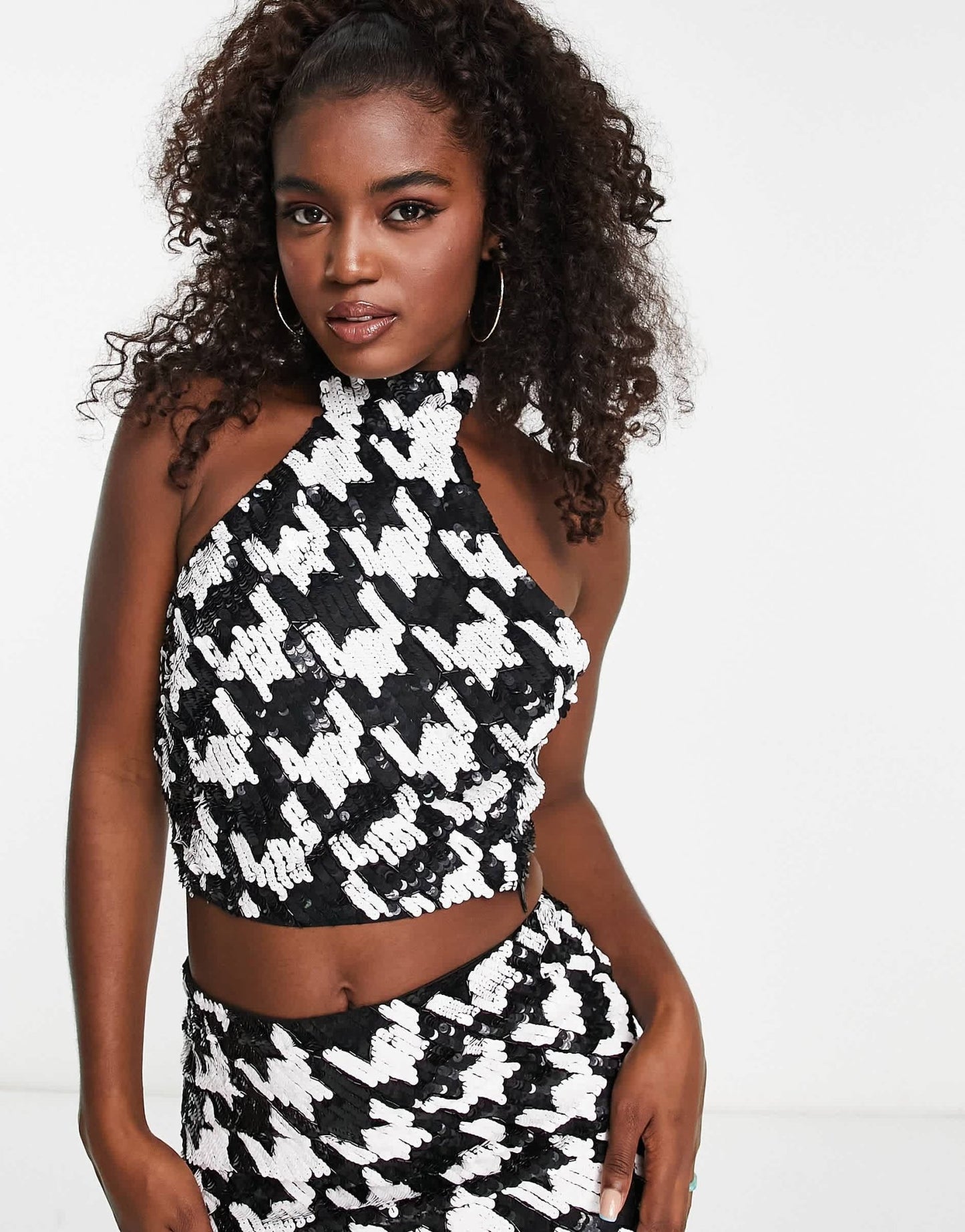 Miss Selfridge Premium festival embellished halter top in co - ord mono dogtooth - BLACK - ASOS Sample Sale EU Store