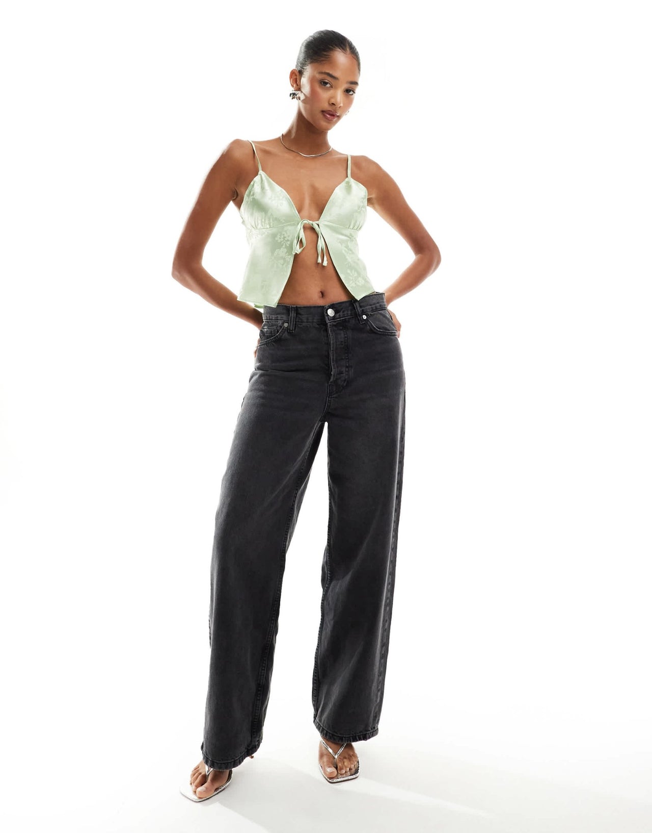 Miss Selfridge satin jacquard tie front cami top in sage green - ASOS Sample Sale EU Store