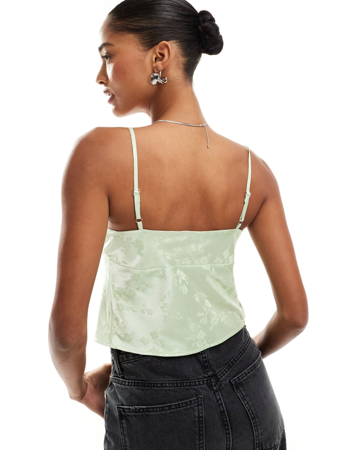 Miss Selfridge satin jacquard tie front cami top in sage green - ASOS Sample Sale EU Store