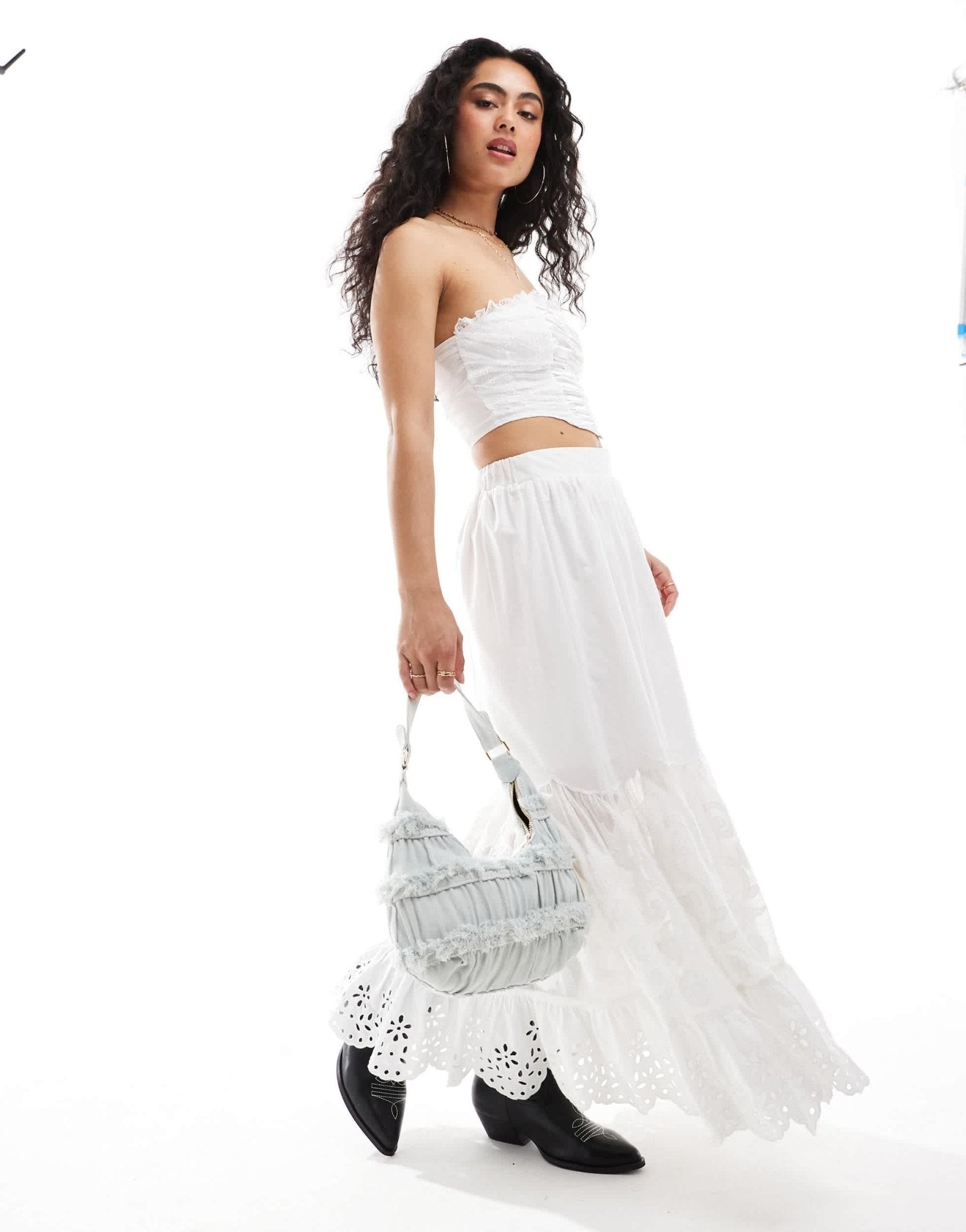 Miss Selfridge satin lace ruched bandeau top in cream - ASOS Sample Sale EU Store