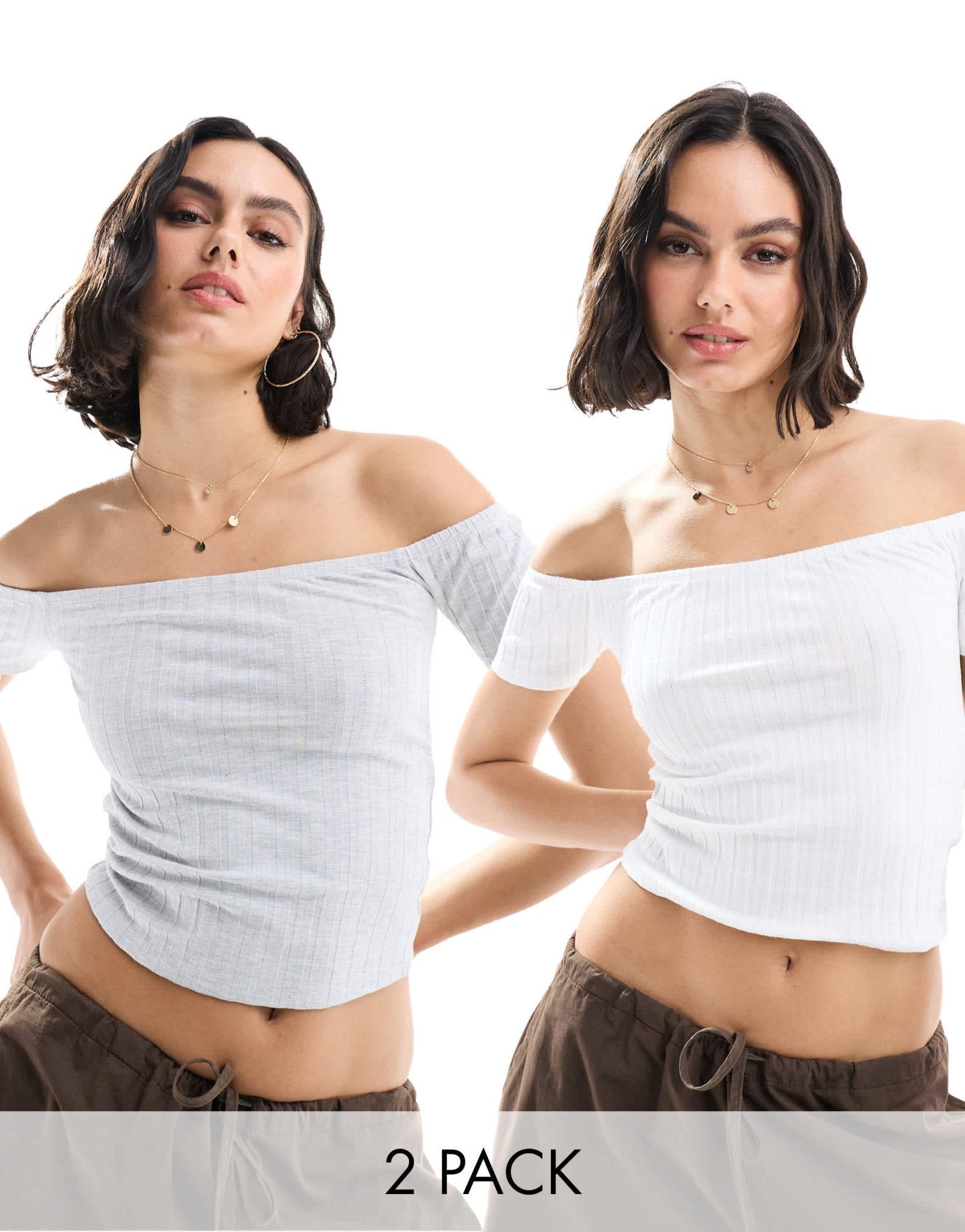 Miss Selfridge short sleeve rib top two pack in white and grey marl - ASOS Sample Sale EU Store