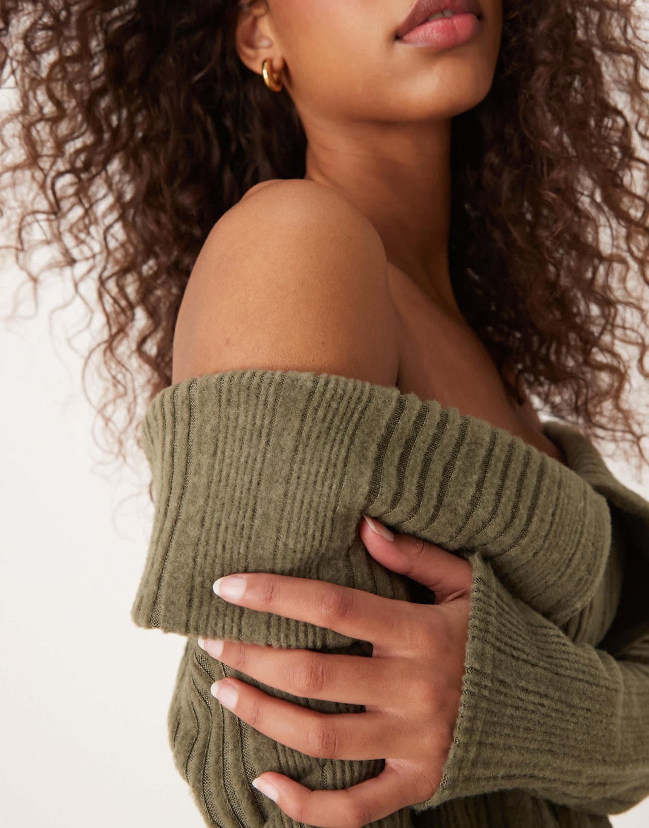 Miss Selfridge soft brushed rib bardot cardigan in khaki - ASOS Sample Sale EU Store
