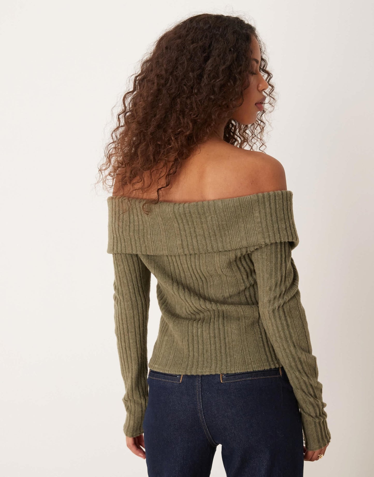Miss Selfridge soft brushed rib bardot cardigan in khaki - ASOS Sample Sale EU Store