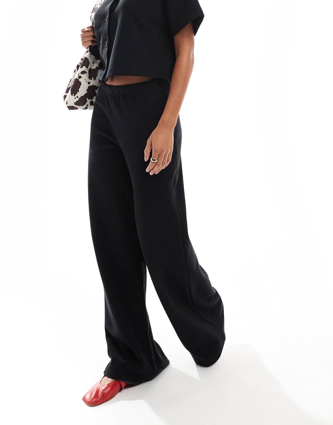 Miss Selfridge soft rib wide leg trouser in black - ASOS Sample Sale EU Store