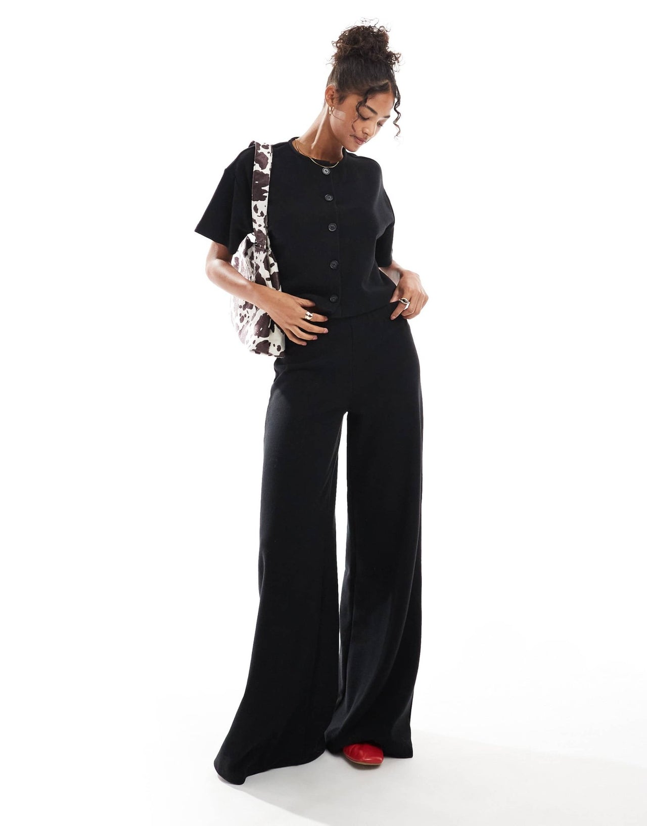 Miss Selfridge soft rib wide leg trouser in black - ASOS Sample Sale EU Store