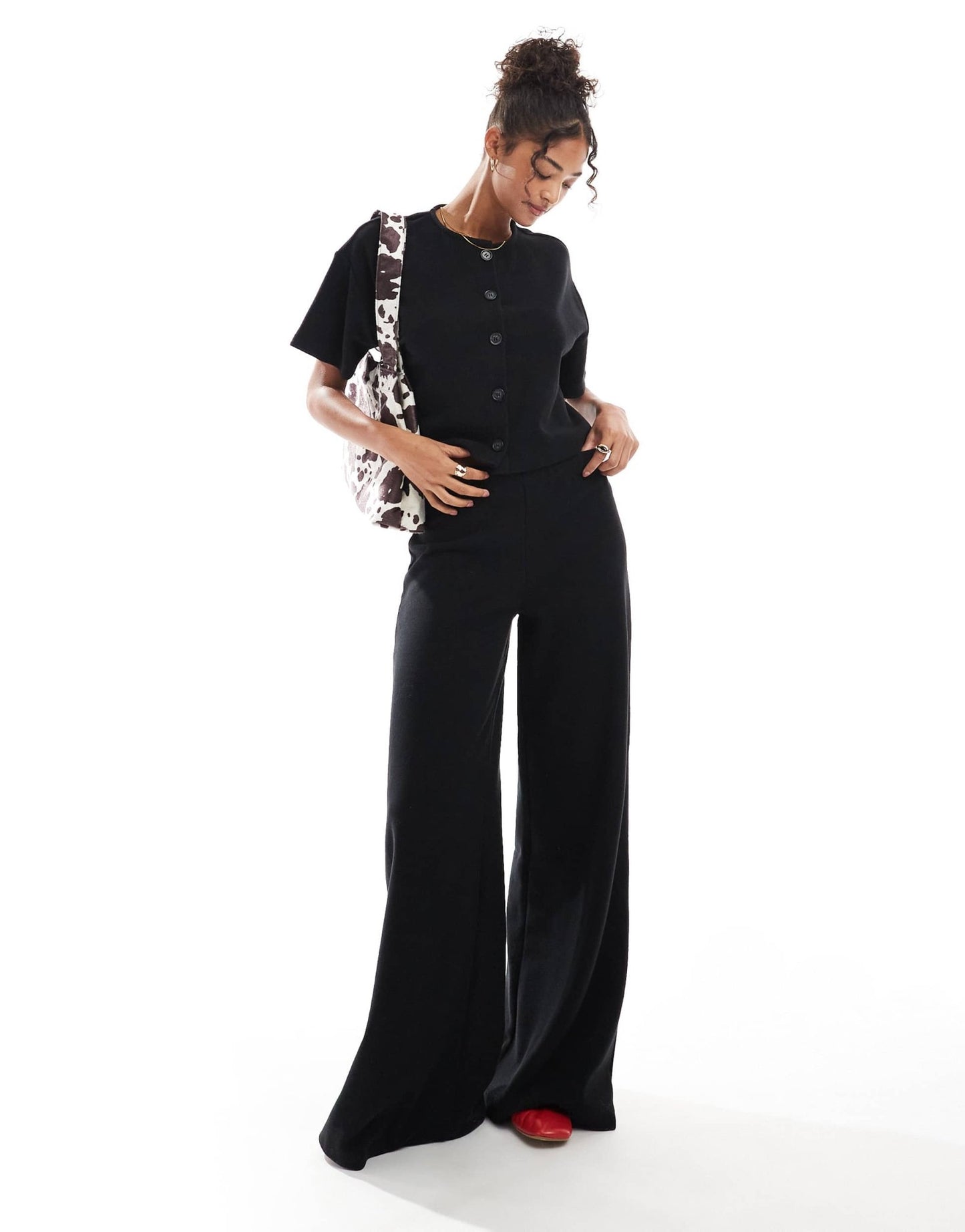 Miss Selfridge soft rib wide leg trouser in black - ASOS Sample Sale EU Store