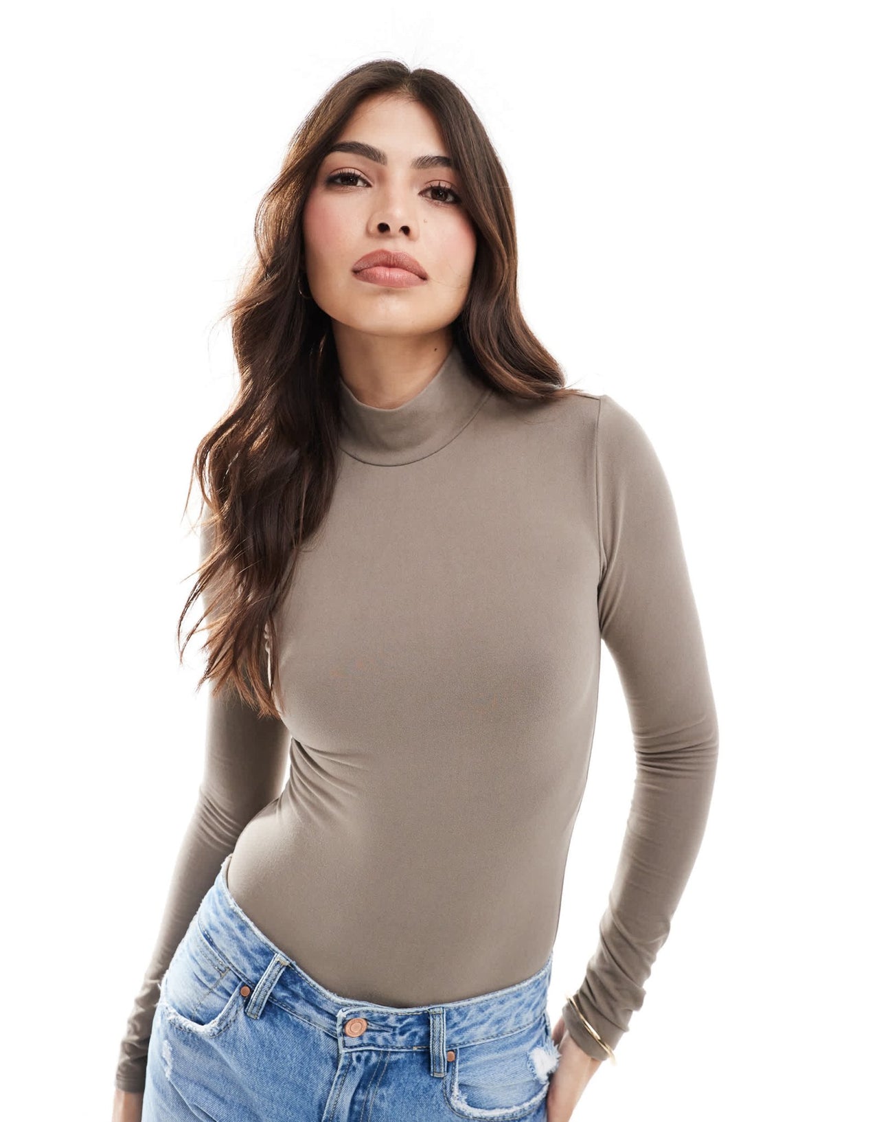 Miss Selfridge soft touch long sleeve funnel neck bodysuit in mushroom - ASOS Sample Sale EU Store