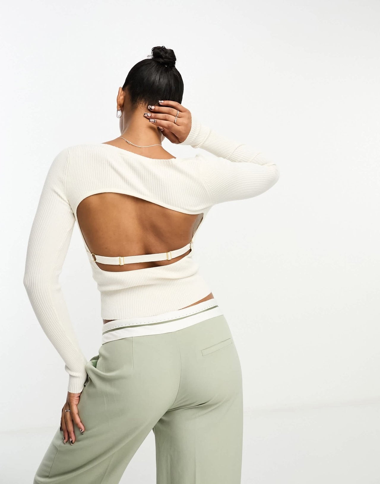 Miss Selfridge square neck open back detail rib knit top in cream - ASOS Sample Sale EU Store