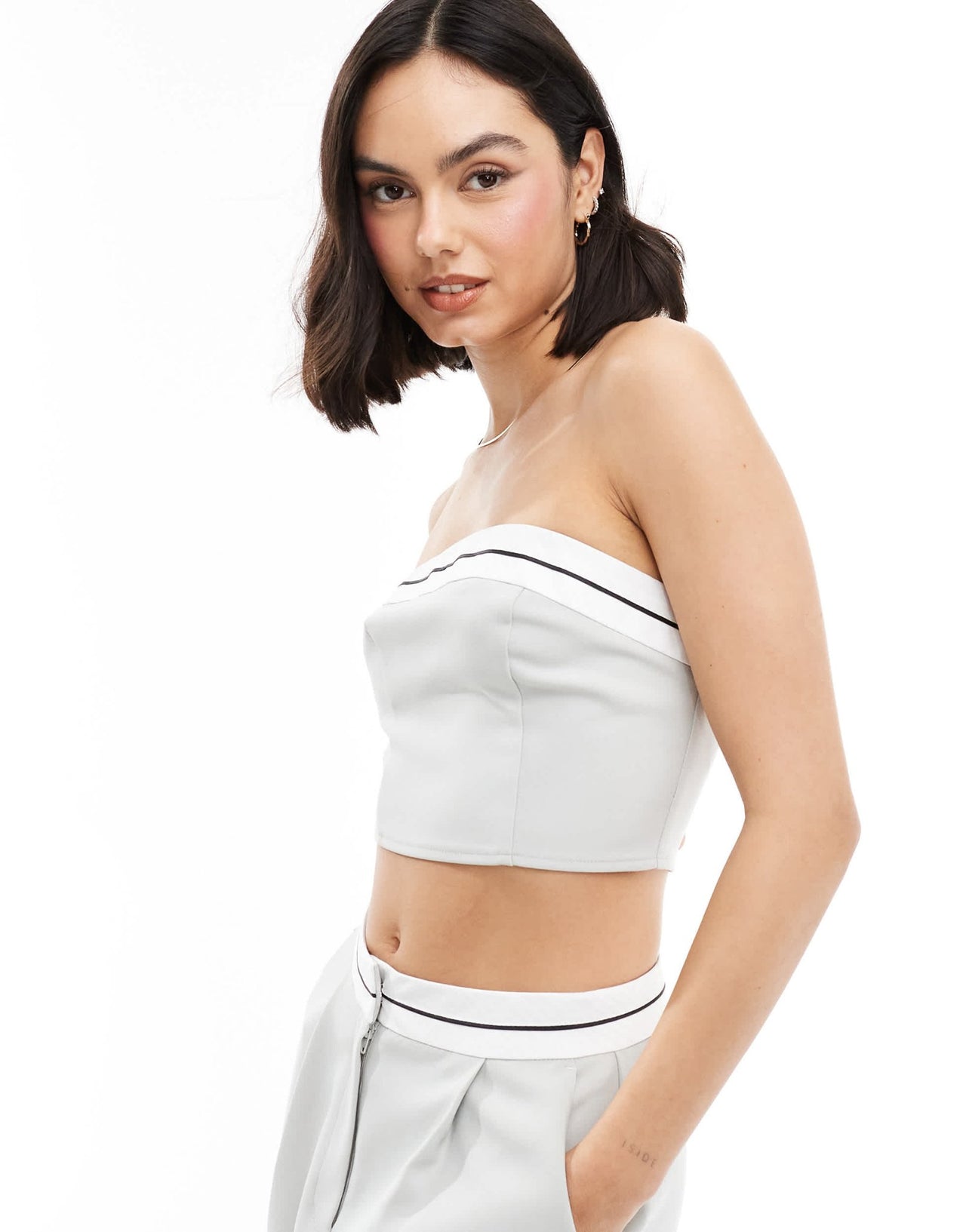 Miss Selfridge tailored contrast trim bandeau top in blue grey co ord - ASOS Sample Sale EU Store