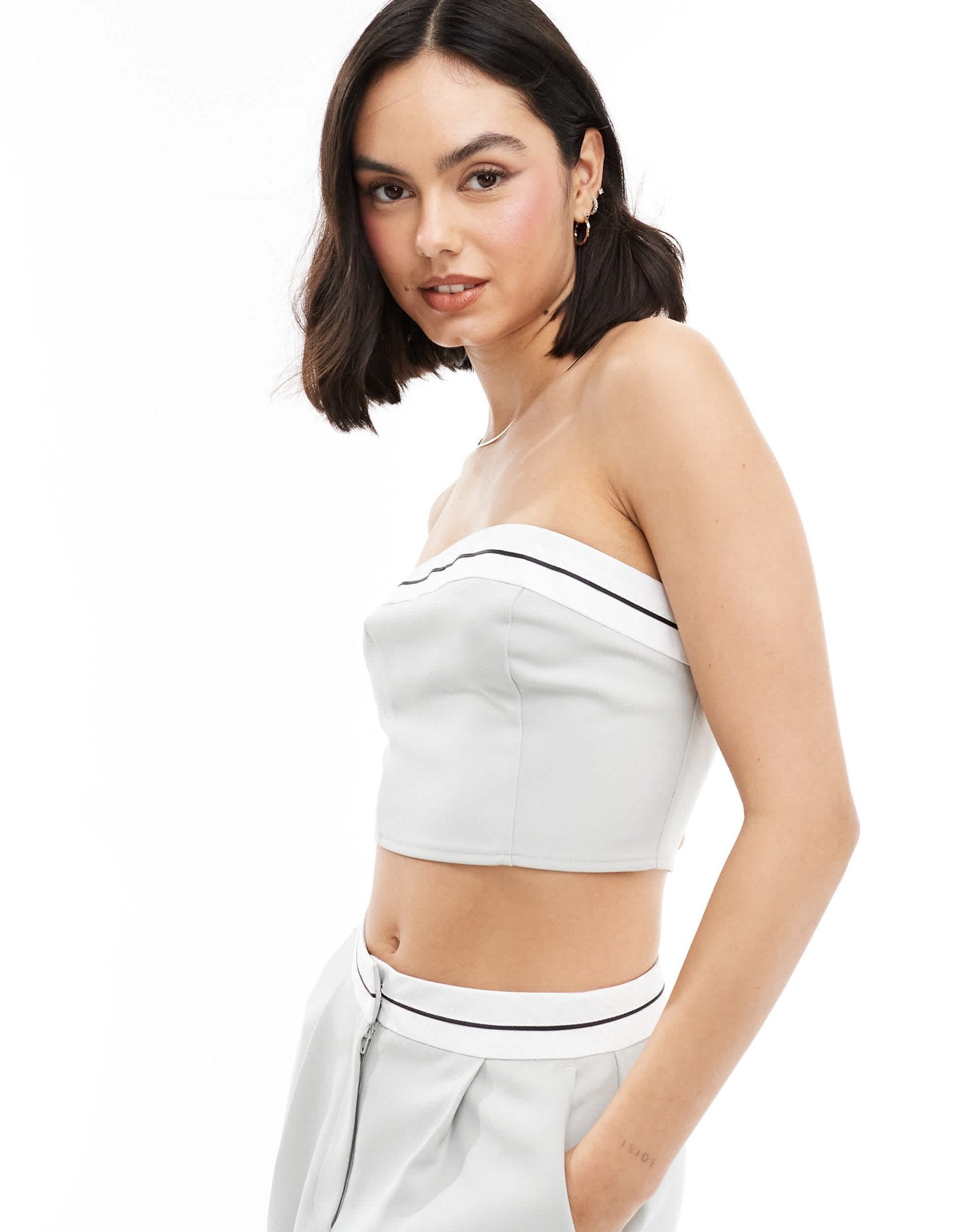 Miss Selfridge tailored contrast trim bandeau top in blue grey co ord - ASOS Sample Sale EU Store