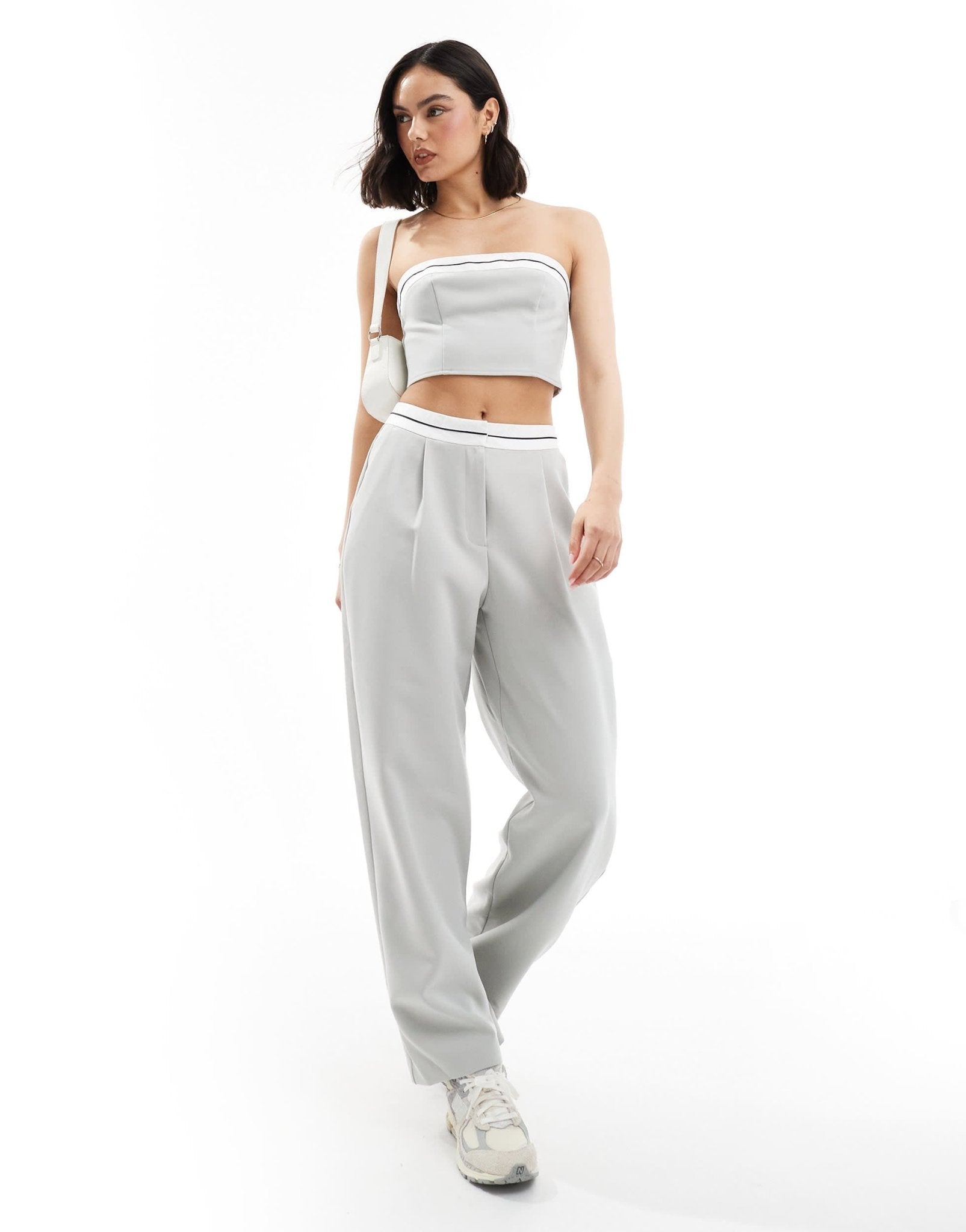 Miss Selfridge tailored contrast trim bandeau top in blue grey co ord - ASOS Sample Sale EU Store