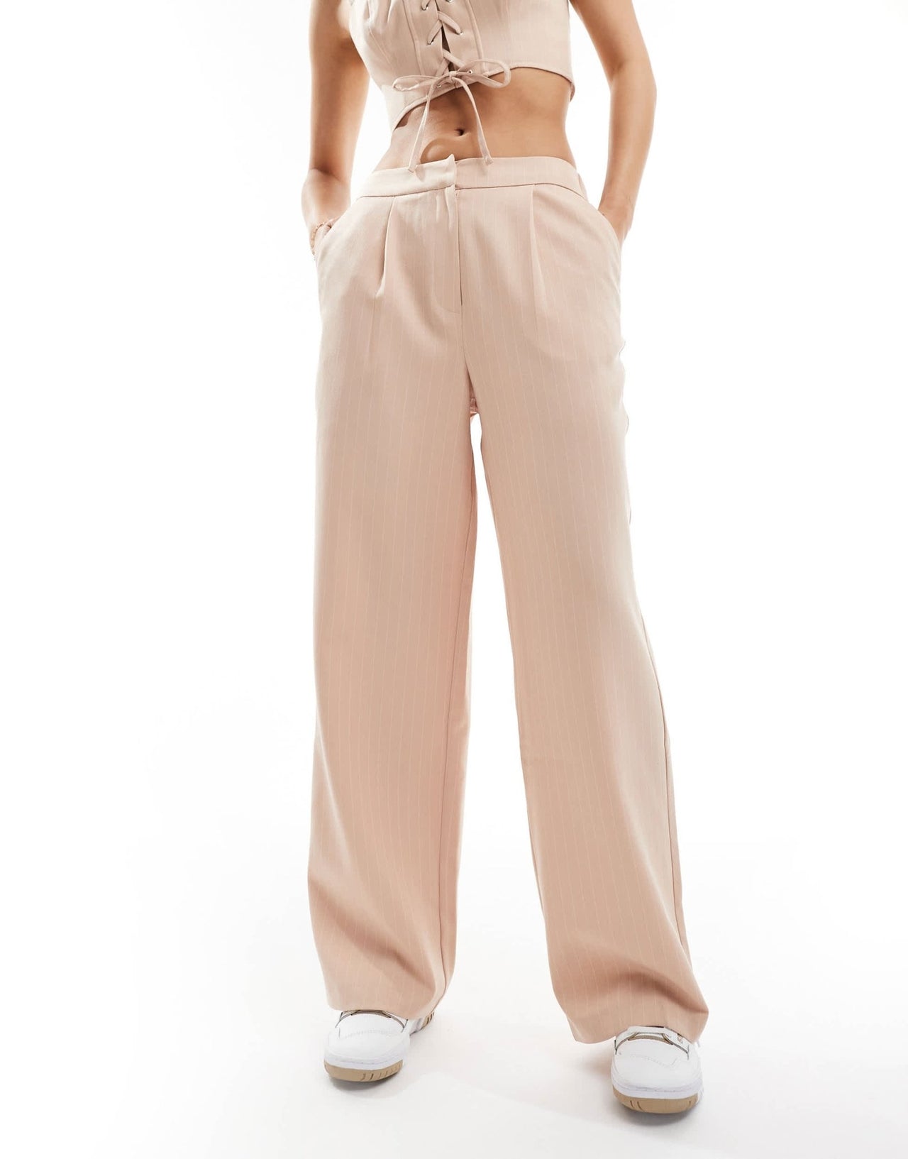 Miss Selfridge tailored wide leg pull on trouser in pink pinstripe co ord - ASOS Sample Sale EU Store