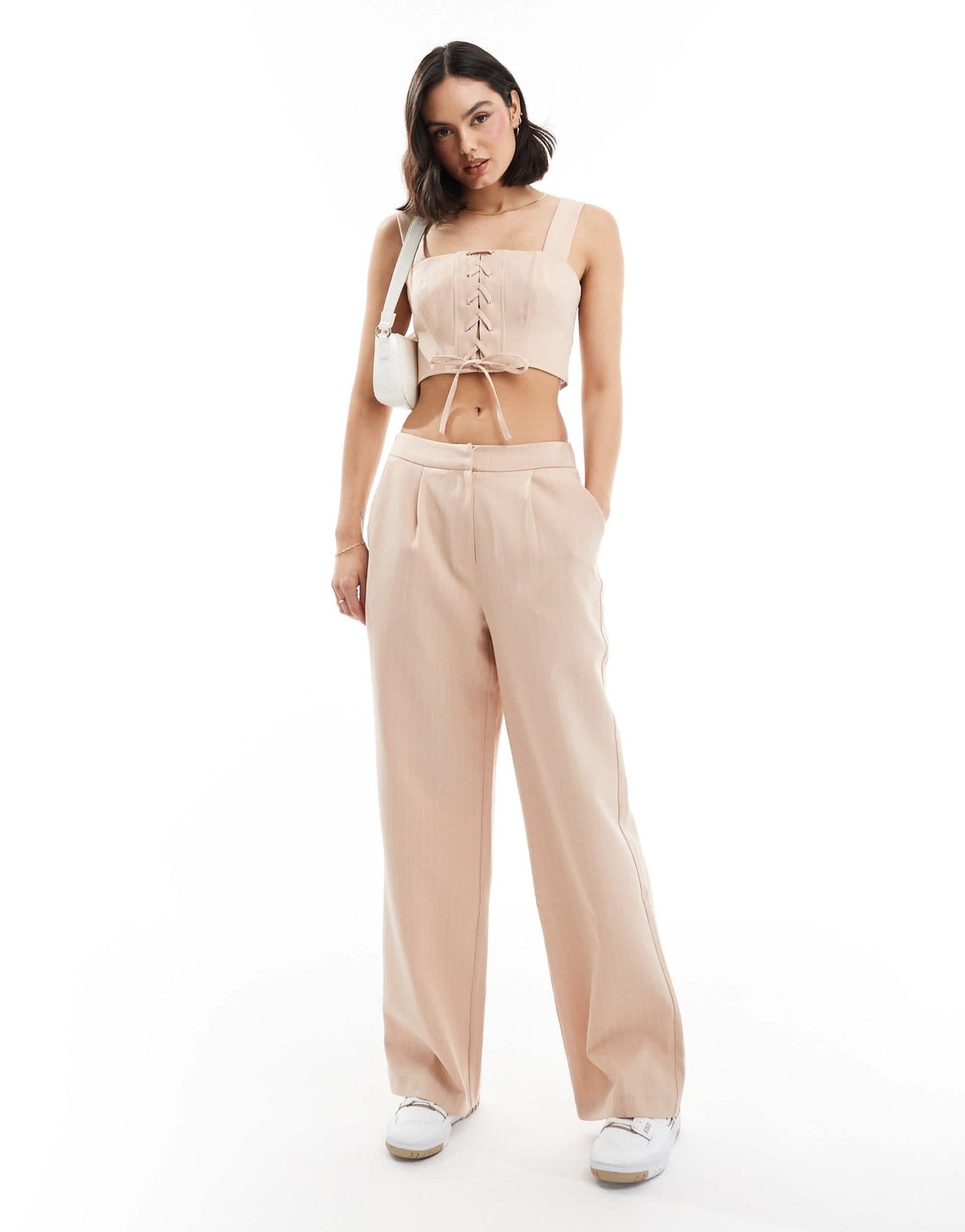 Miss Selfridge tailored wide leg pull on trouser in pink pinstripe co ord - ASOS Sample Sale EU Store