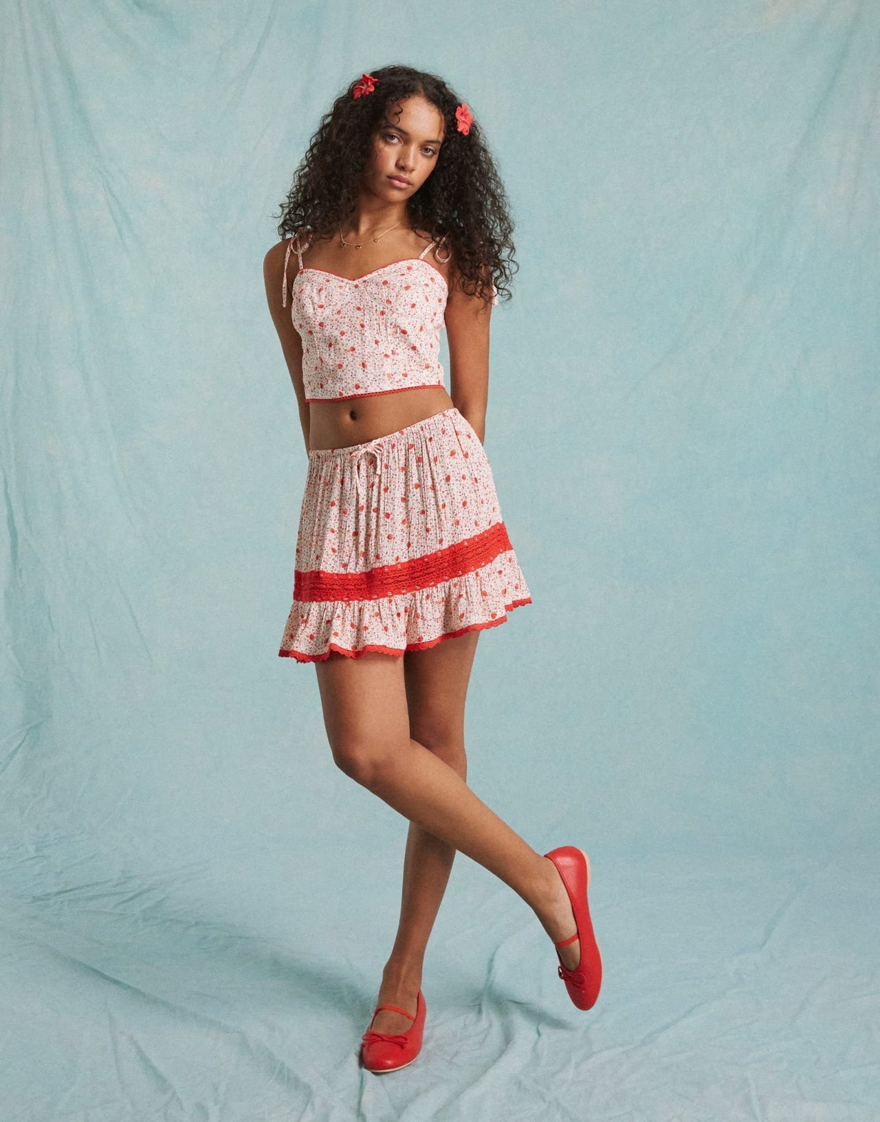 Miss Selfridge tie strap corset top co ord in strawberry print - ASOS Sample Sale EU Store