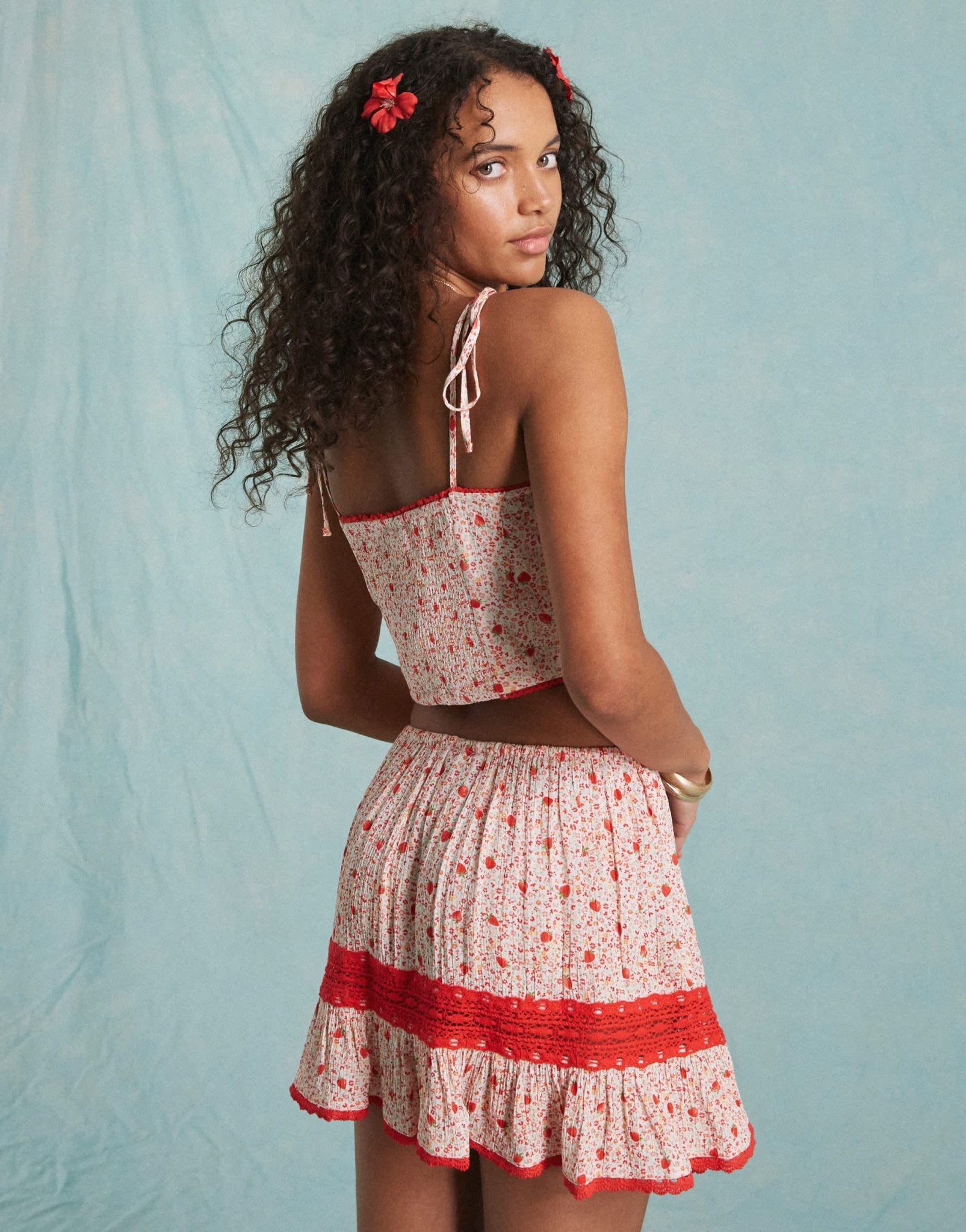 Miss Selfridge tie strap corset top co ord in strawberry print - ASOS Sample Sale EU Store