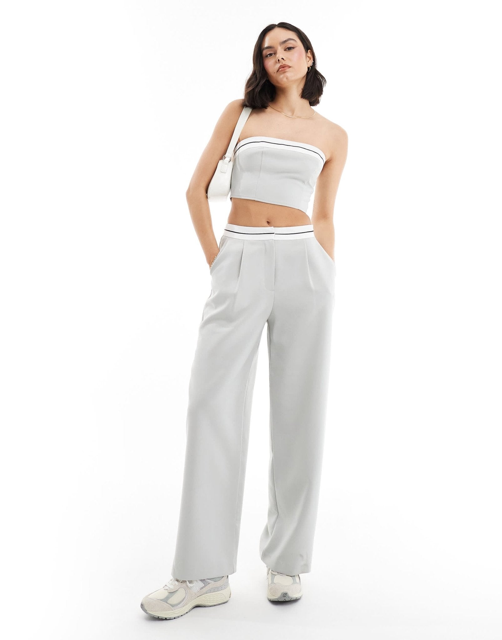 Miss Selfridge turnback waistband wide leg trouser in blue grey co ord - ASOS Sample Sale EU Store