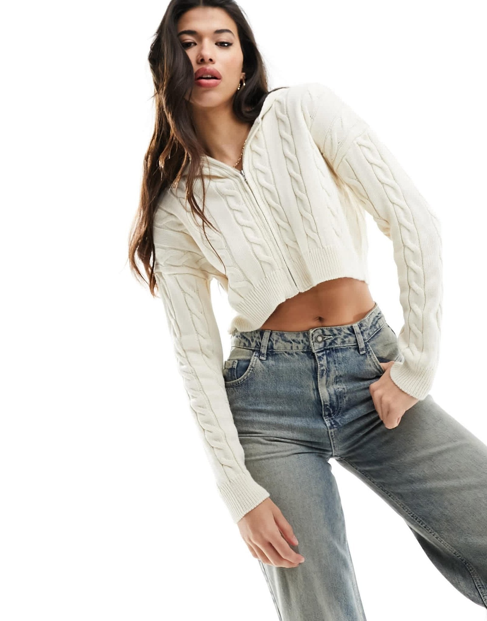 Missyempire cable knit zip through hooded top in cream - ASOS Sample Sale EU Store