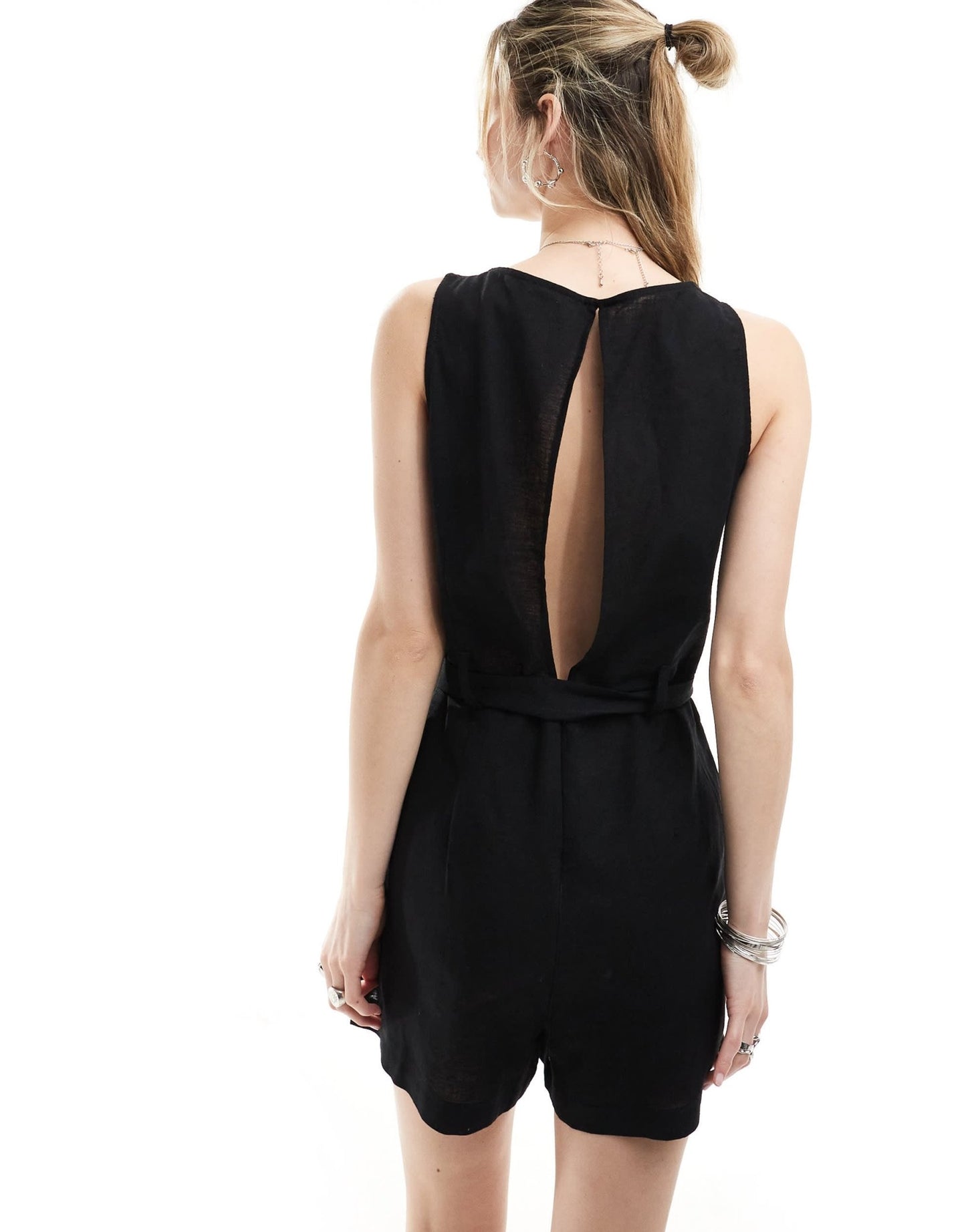 Monki beach linen sleeveless playsuit with tie belt detail in black - ASOS Sample Sale EU Store