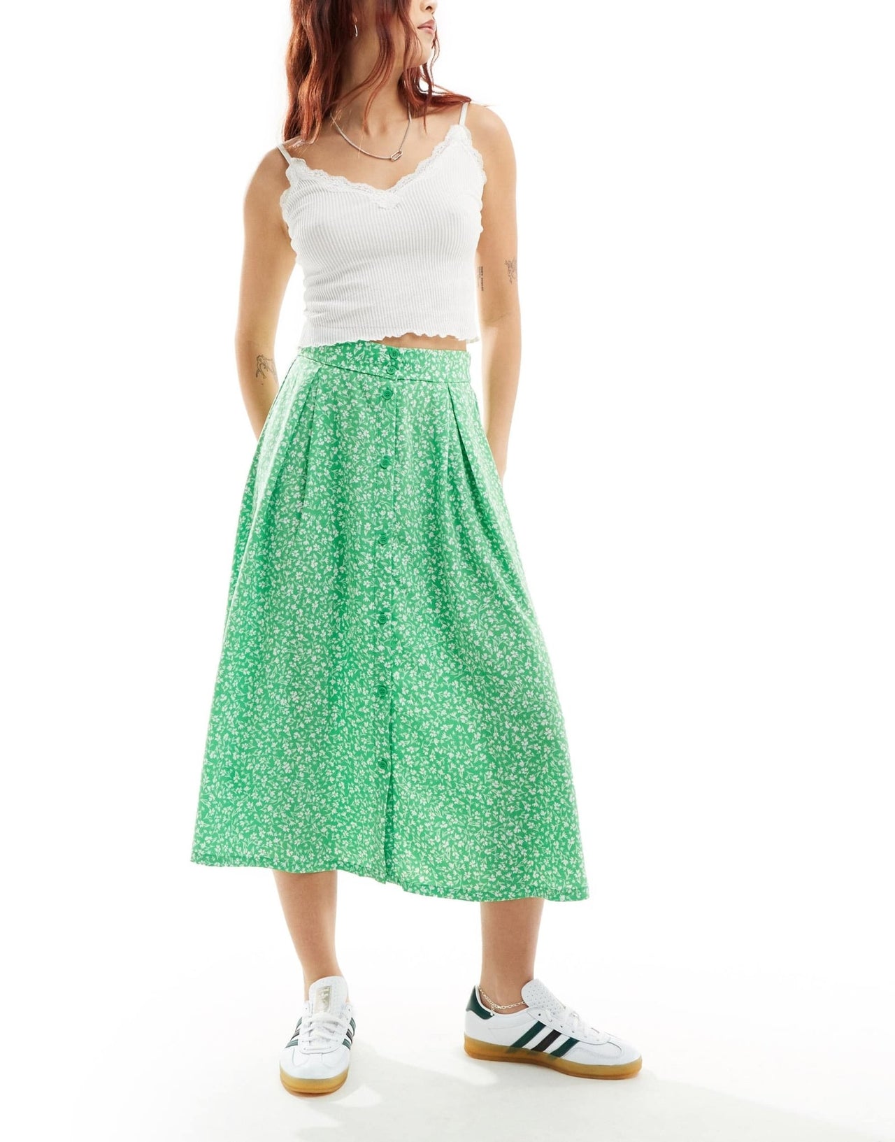 Monki button through midi skirt in green meadow floral - ASOS Sample Sale EU Store