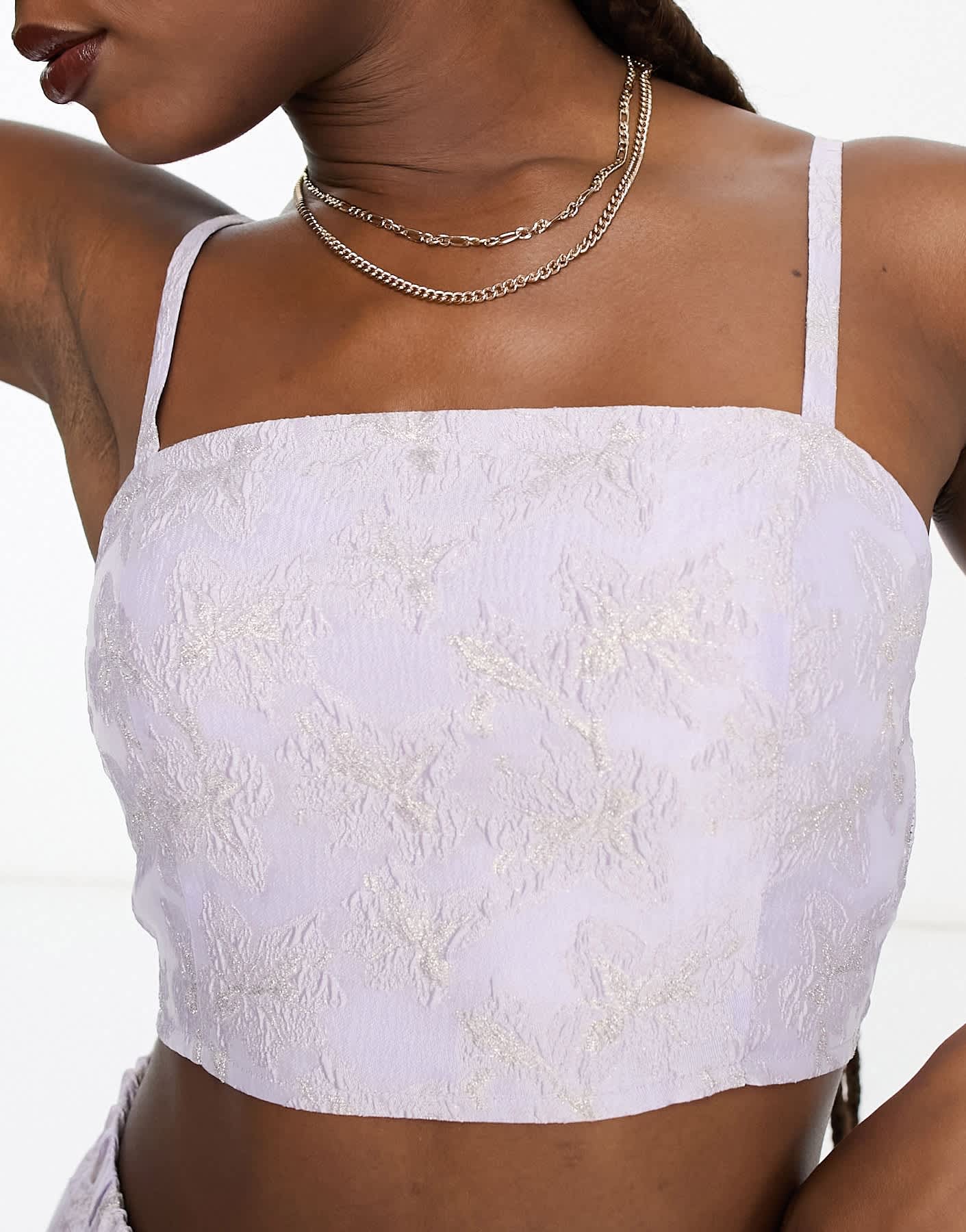 Monki co - ord floral shimmer brocade cami cropped top in lilac - ASOS Sample Sale EU Store
