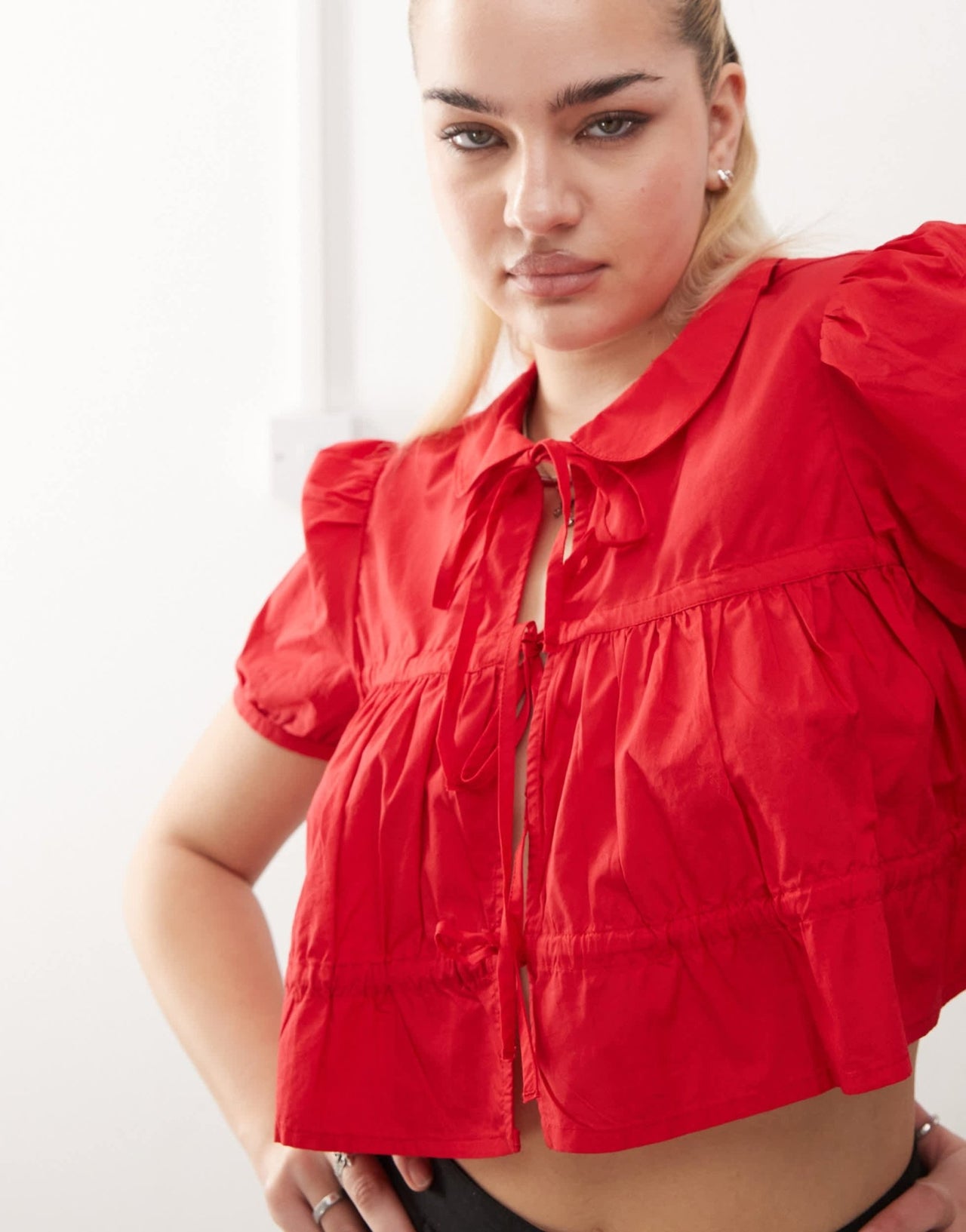 Monki cotton poplin peplum tie shirt top with collar and front tie up detail in red - ASOS Sample Sale EU Store