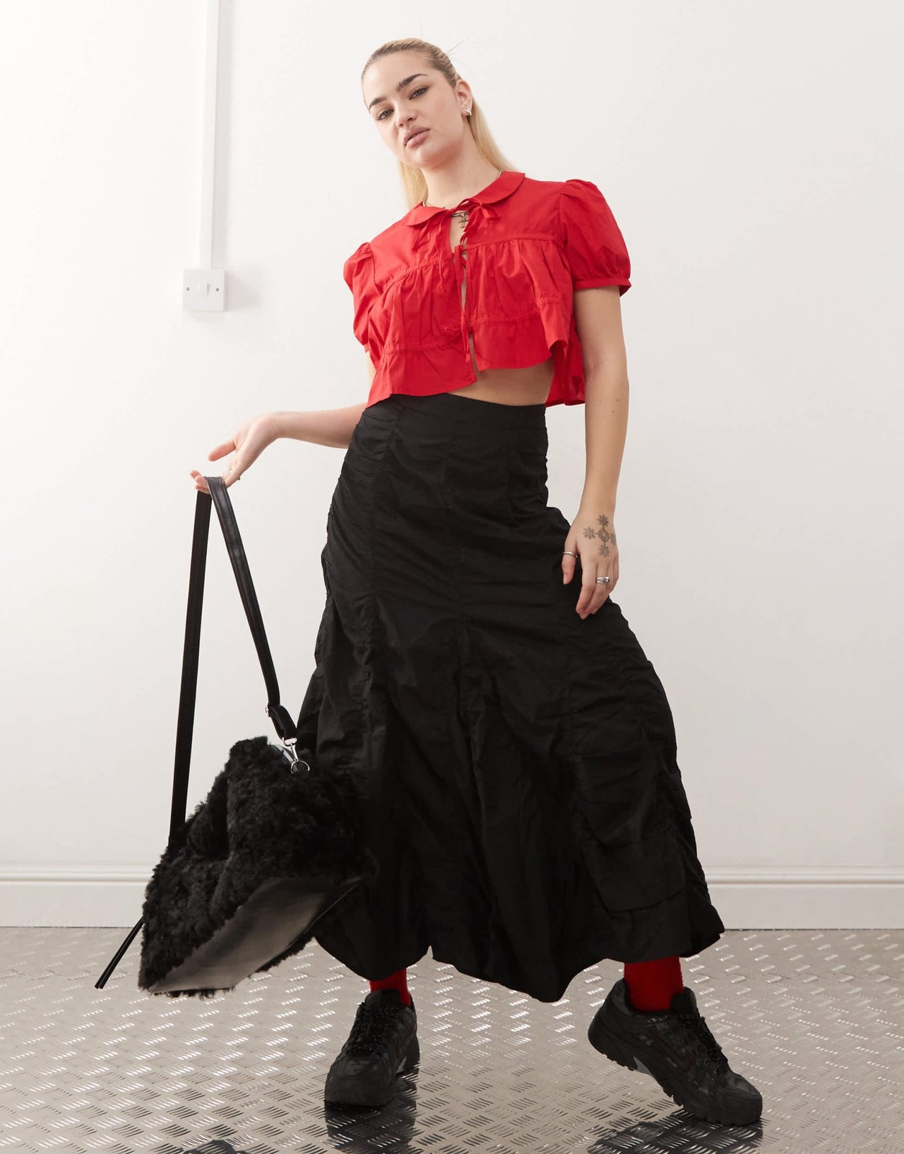 Monki cotton poplin peplum tie shirt top with collar and front tie up detail in red - ASOS Sample Sale EU Store