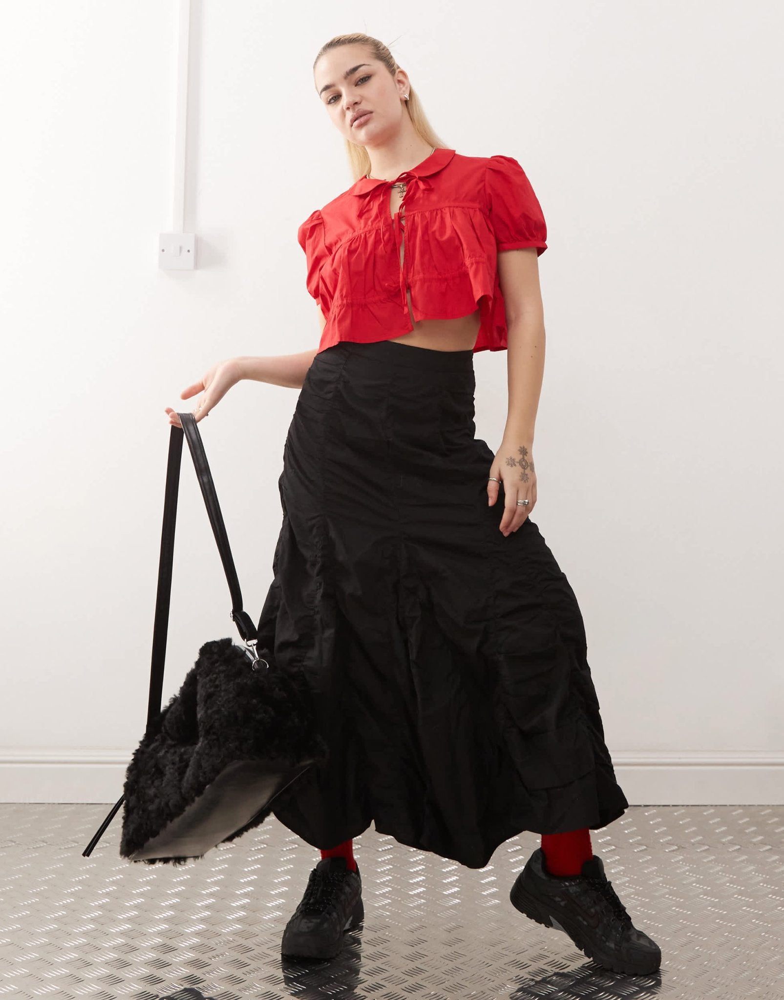 Monki cotton poplin peplum tie shirt top with collar and front tie up detail in red - ASOS Sample Sale EU Store