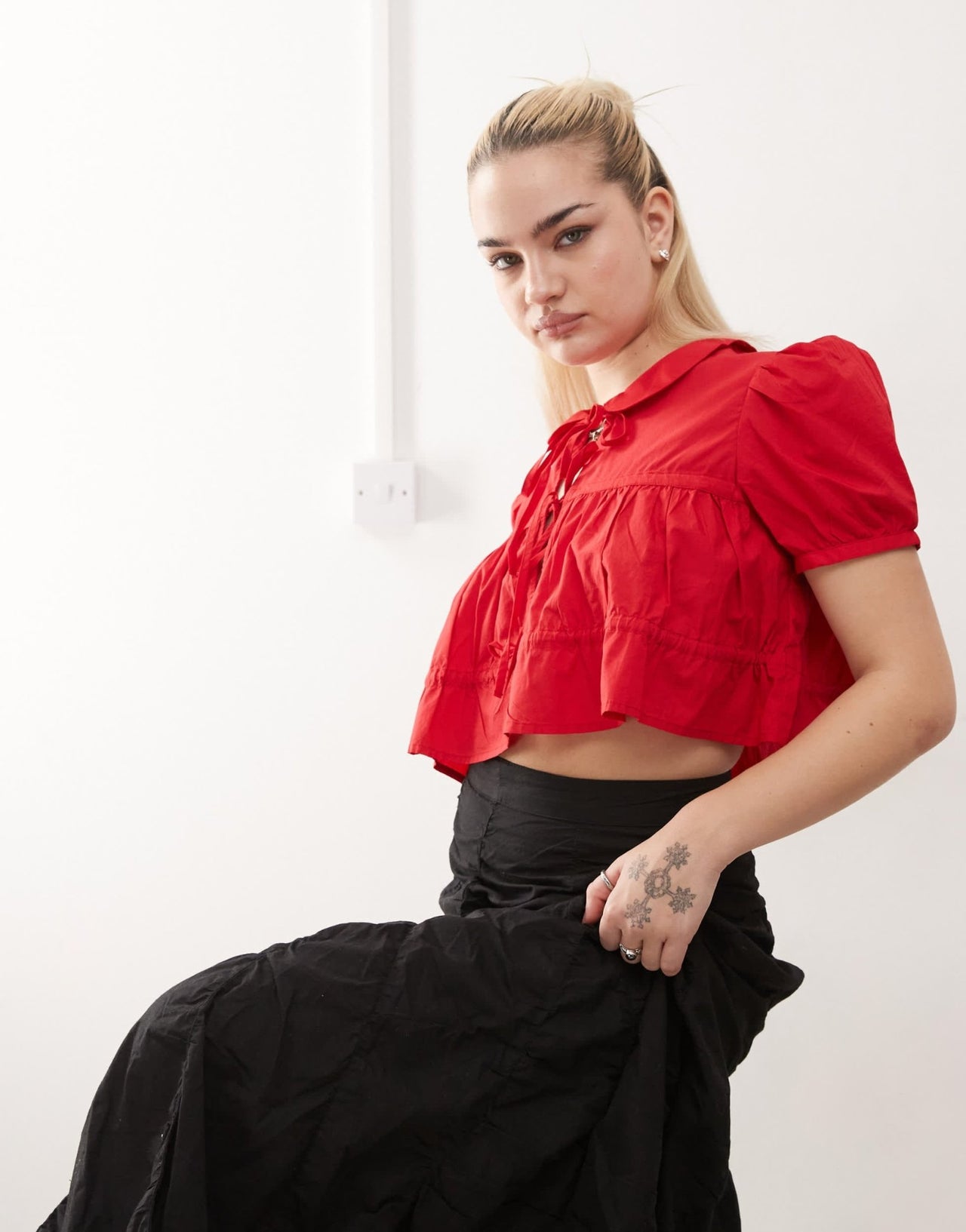Monki cotton poplin peplum tie shirt top with collar and front tie up detail in red - ASOS Sample Sale EU Store
