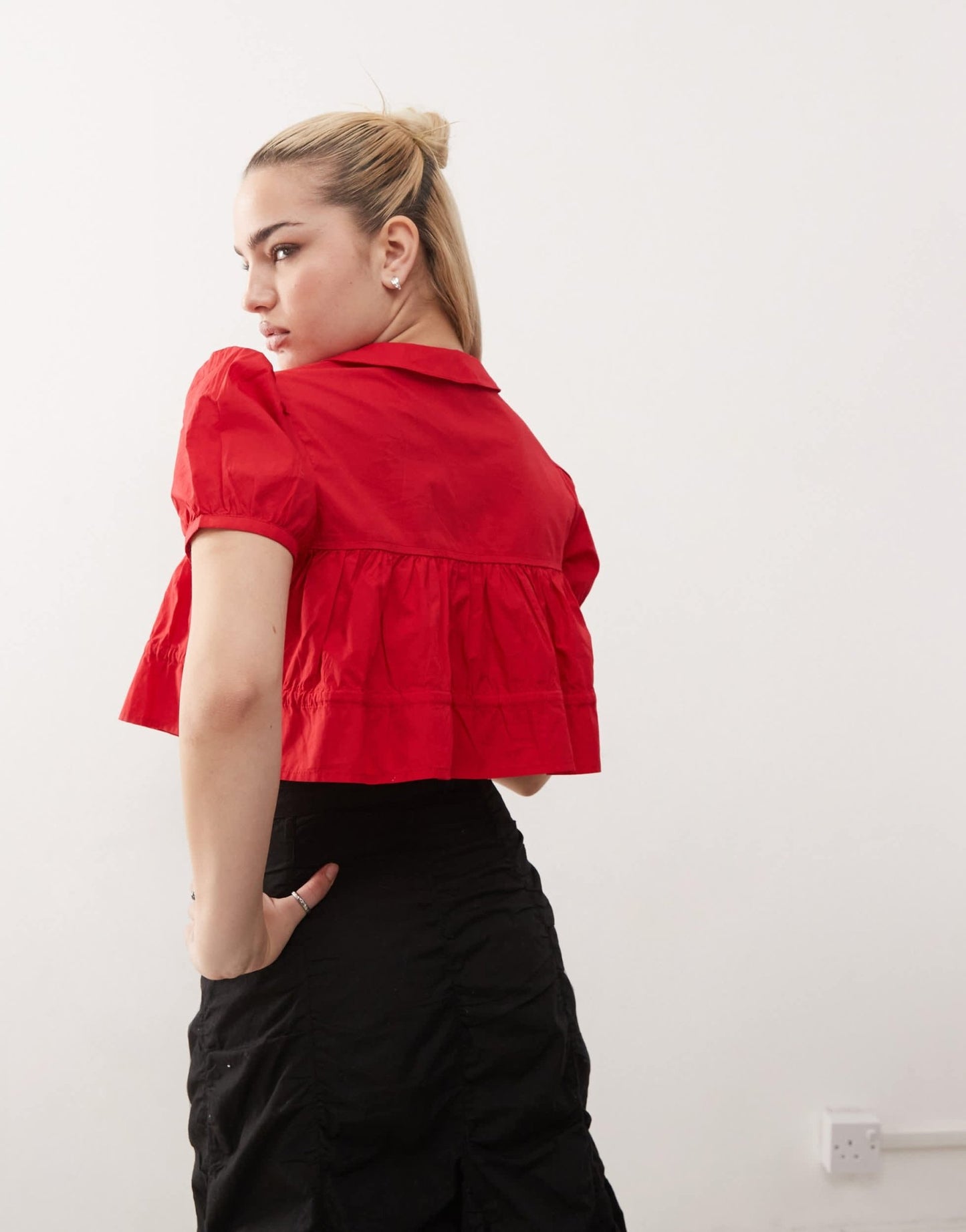 Monki cotton poplin peplum tie shirt top with collar and front tie up detail in red - ASOS Sample Sale EU Store