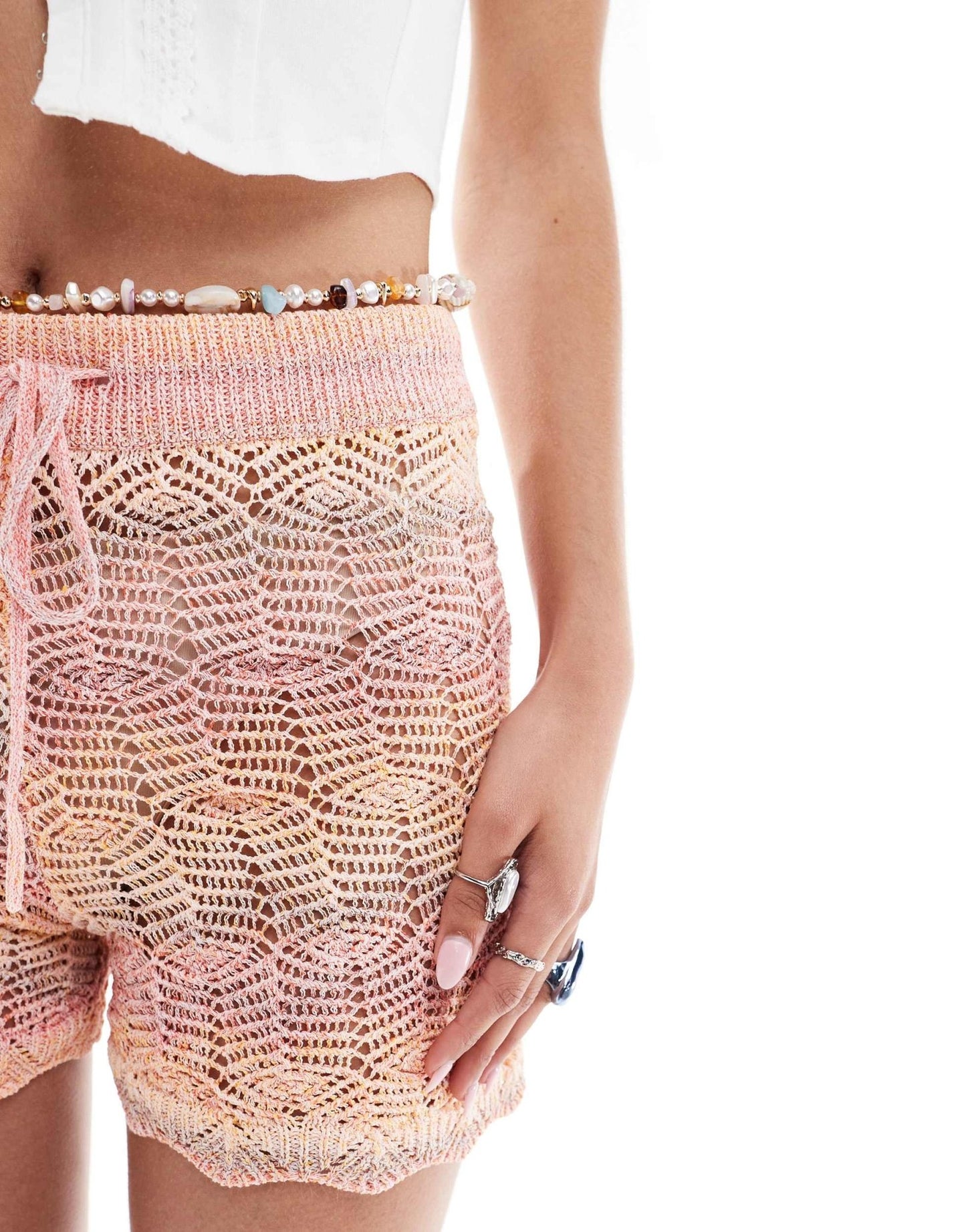 Monki crochet knitted shorts with tie waist in pink and orange ombre - ASOS Sample Sale EU Store