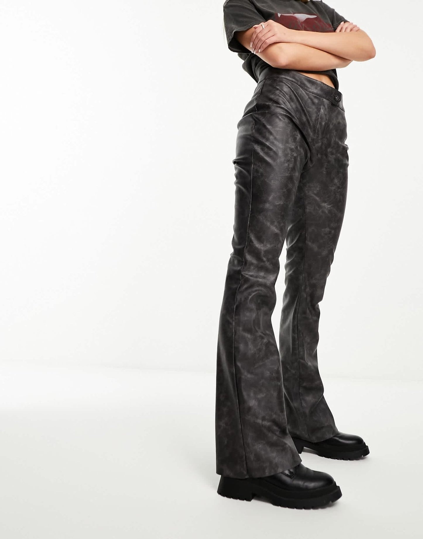 Monki high shine faux leather flare trousers in black distressed - ASOS Sample Sale EU Store