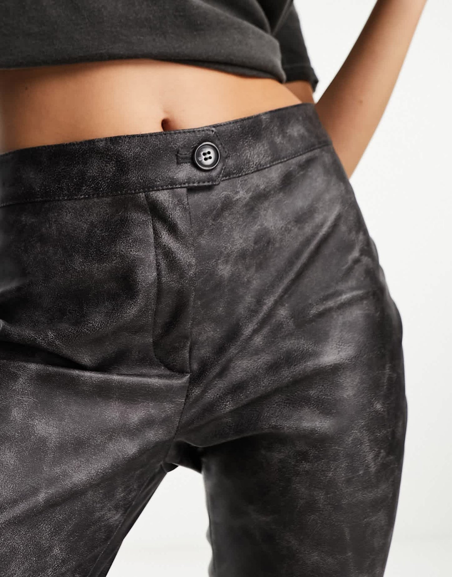 Monki high shine faux leather flare trousers in black distressed - ASOS Sample Sale EU Store