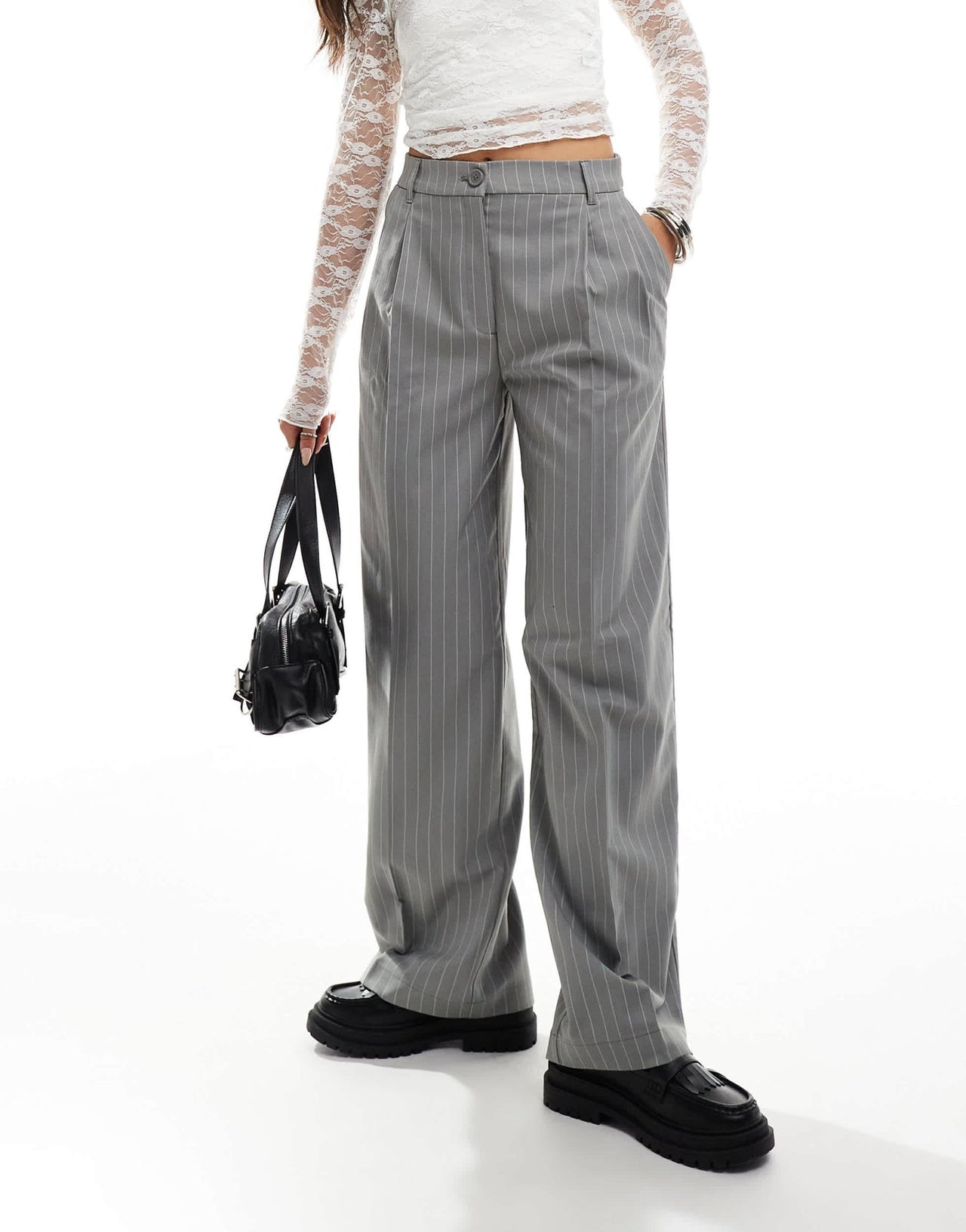 Monki high waist tailored trousers in grey with white pinstripe - ASOS Sample Sale EU Store