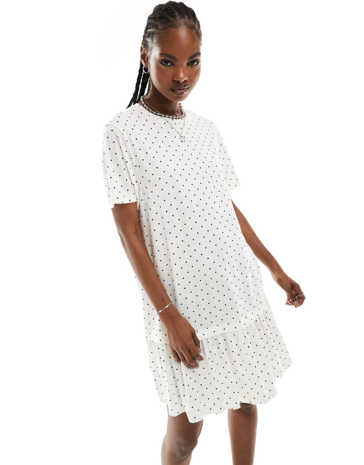 Monki jersey mini dress with drop waist in white and black polka dot print - ASOS Sample Sale EU Store