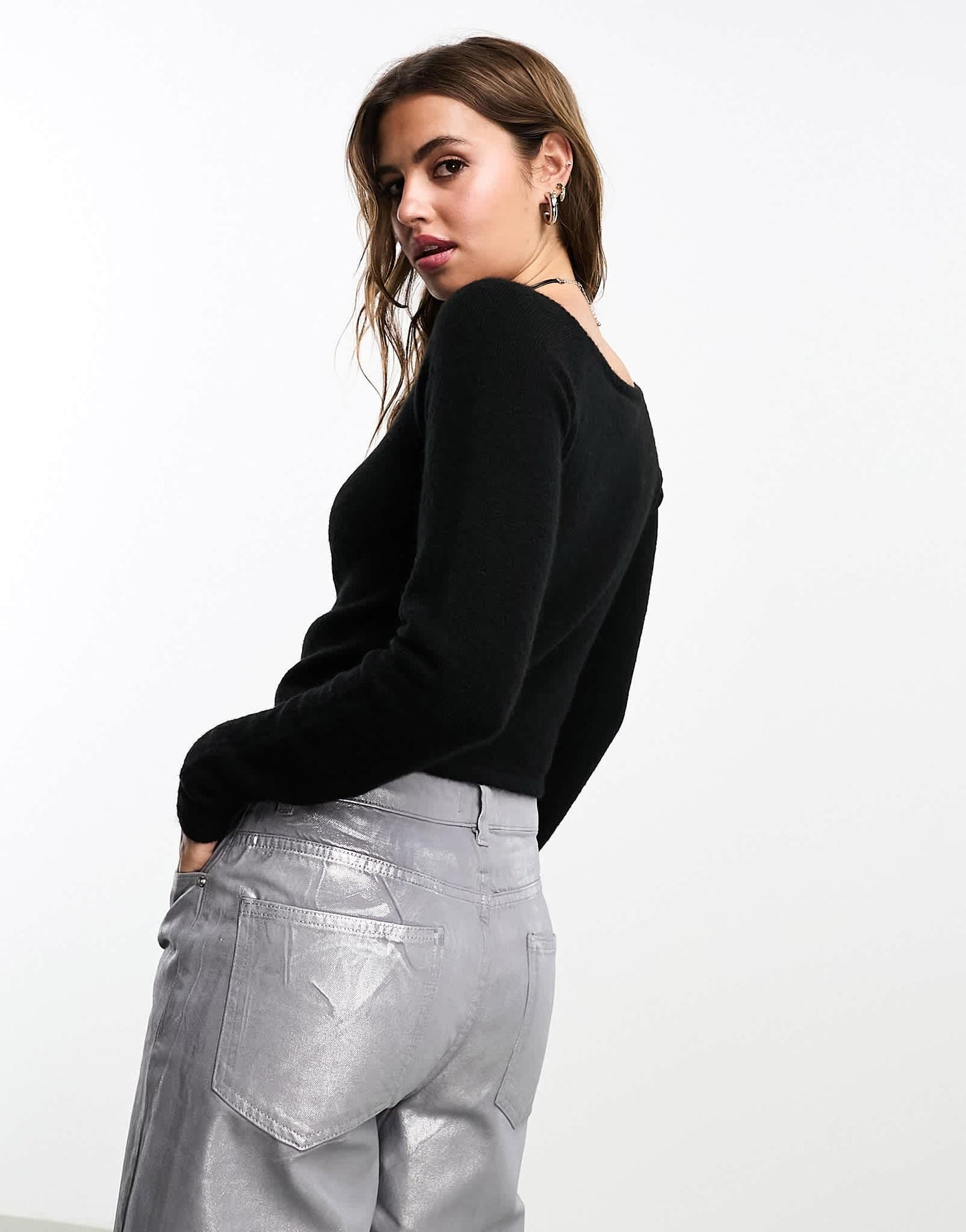 Monki knitted long sleeve boat neck top in black - ASOS Sample Sale EU Store