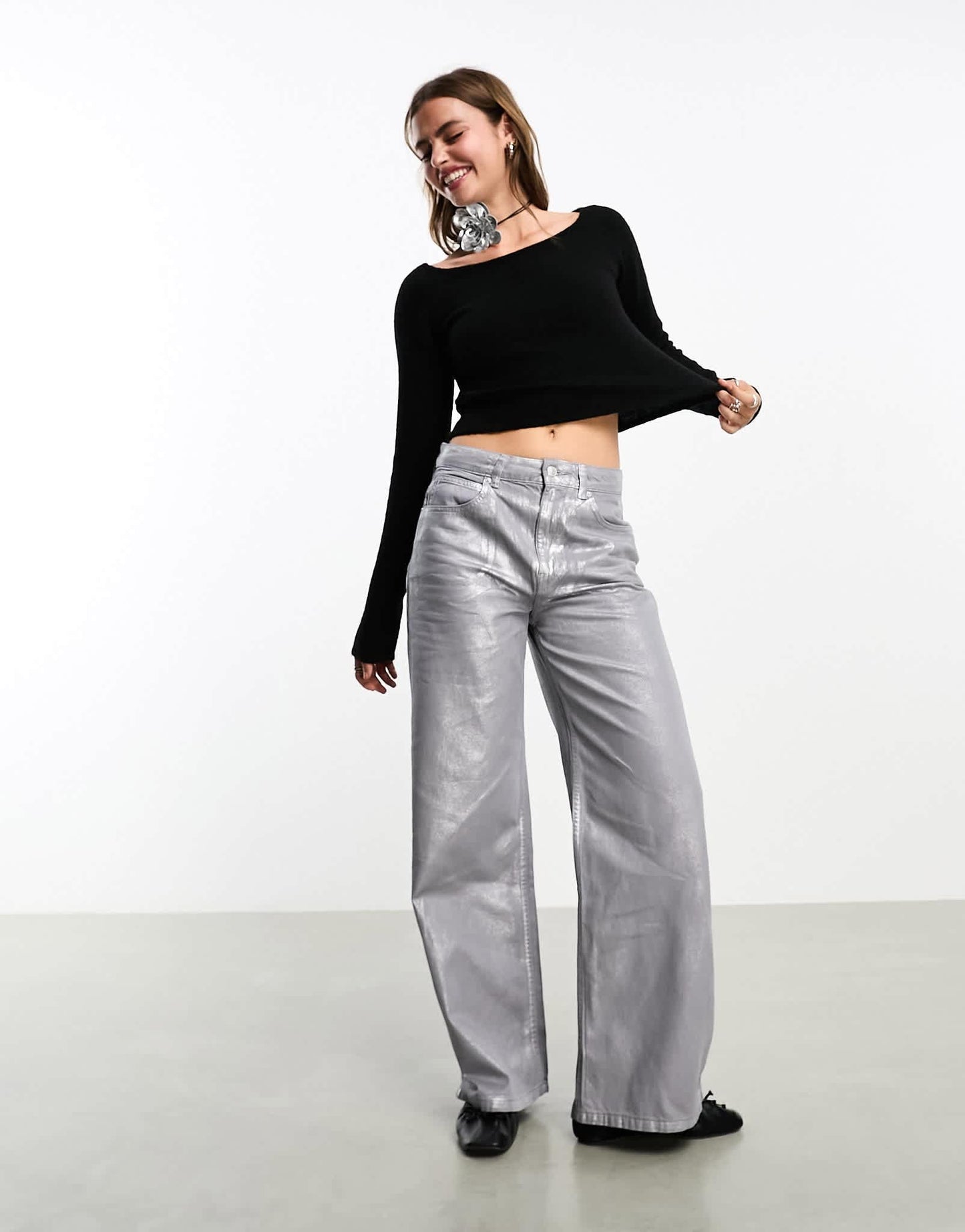 Monki knitted long sleeve boat neck top in black - ASOS Sample Sale EU Store