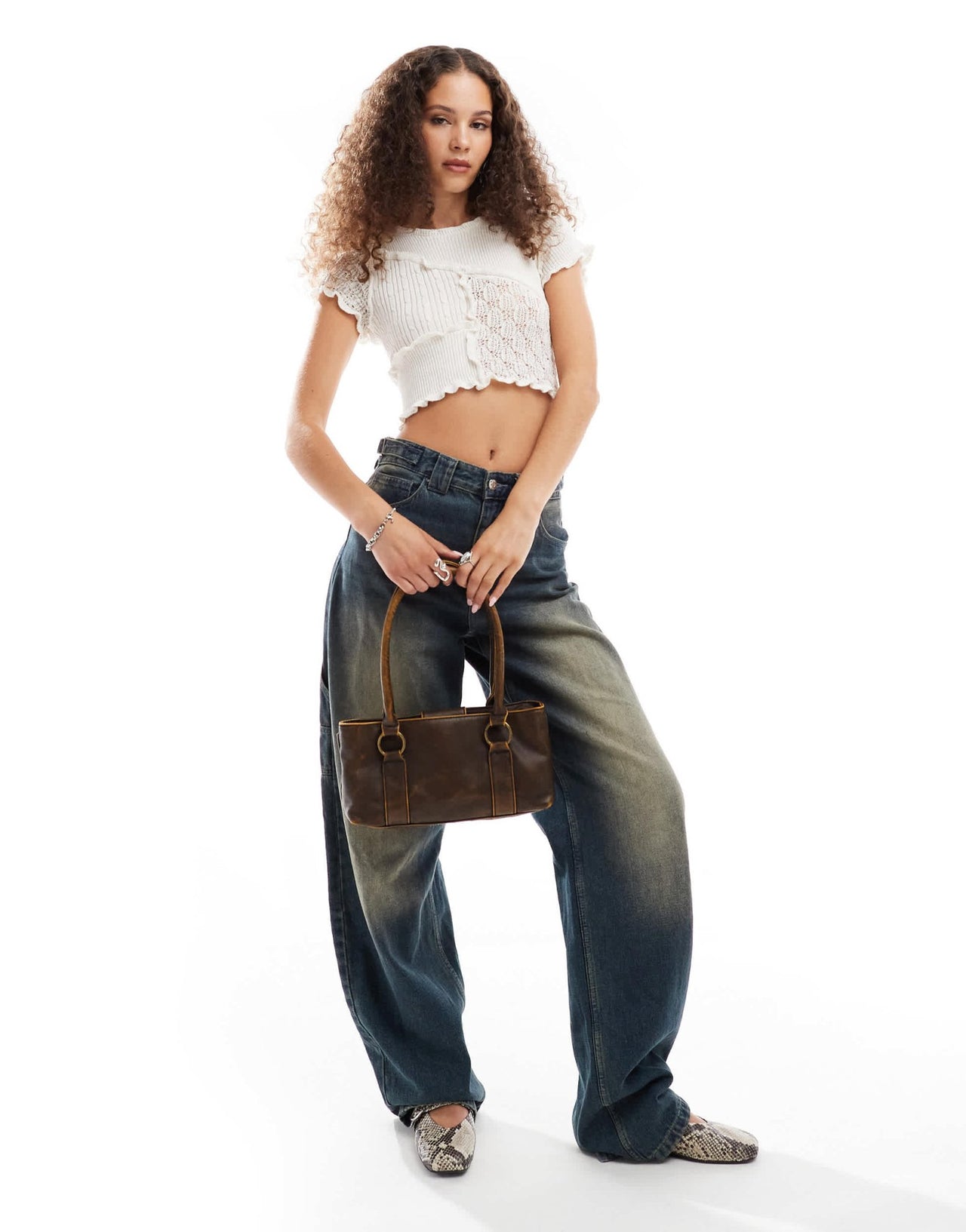 Monki knitted short sleeve crop top with frill detail in off white - ASOS Sample Sale EU Store
