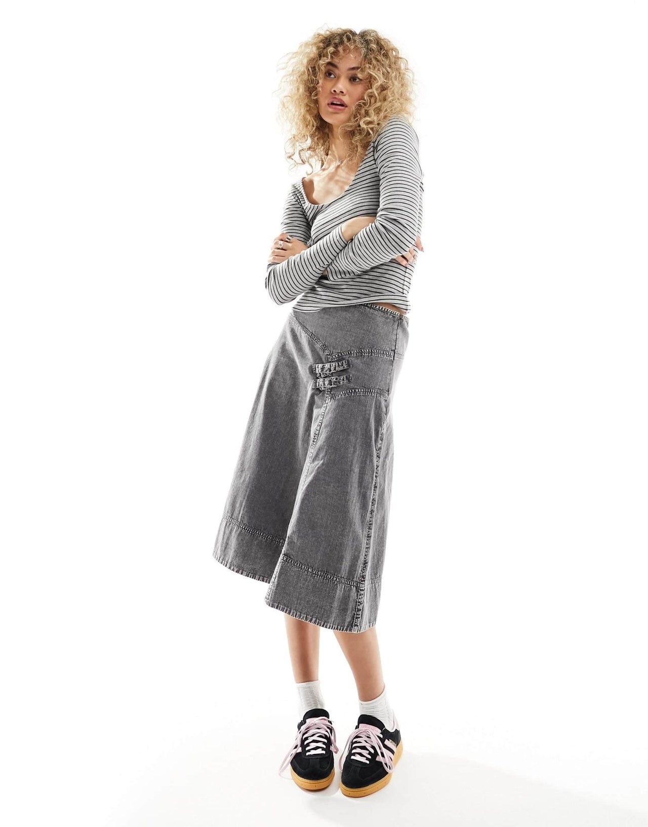 Monki long sleeve scoop back top in grey melange and black stripe - ASOS Sample Sale EU Store