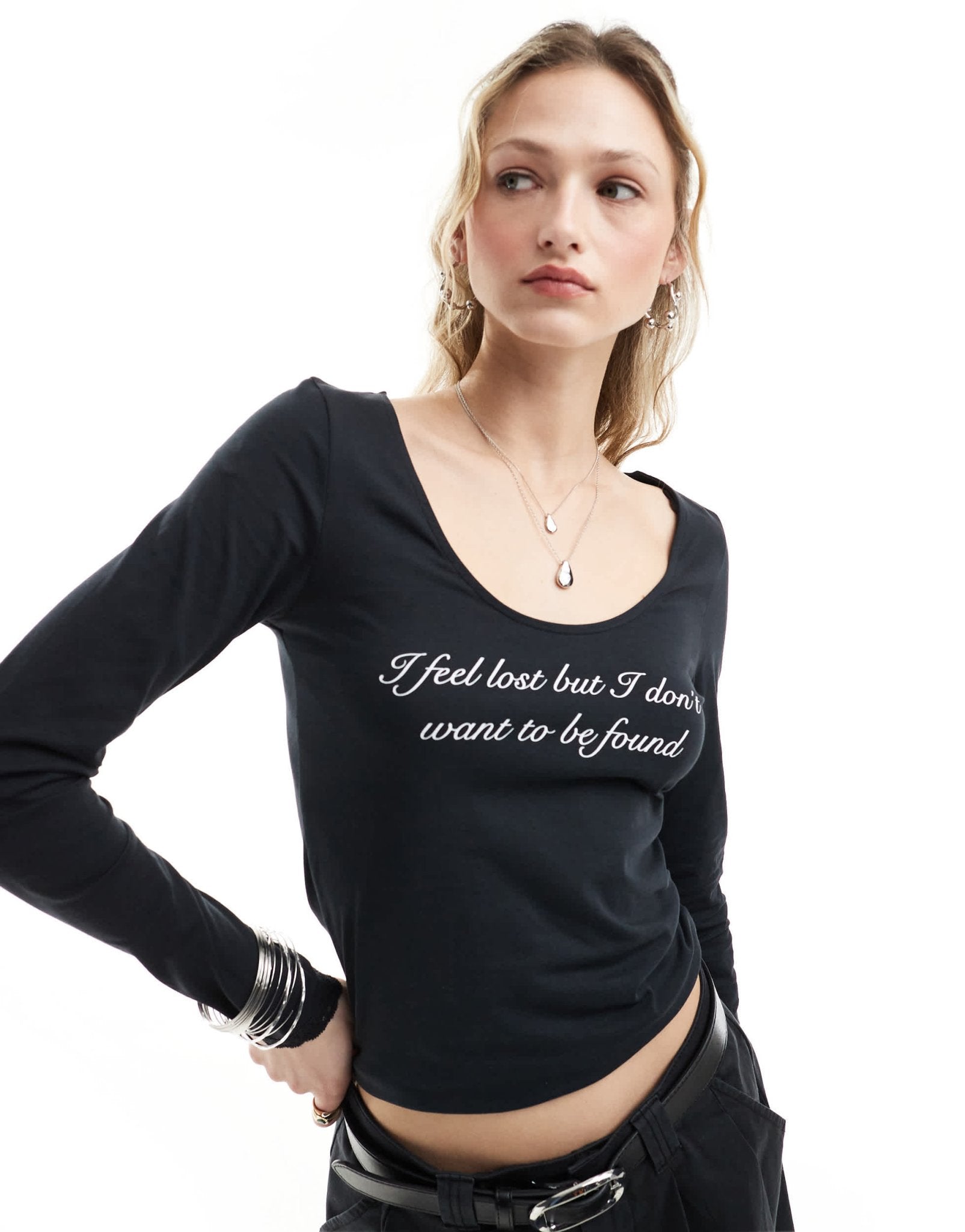 Monki long sleeve scoop neck top in black with front print - ASOS Sample Sale EU Store