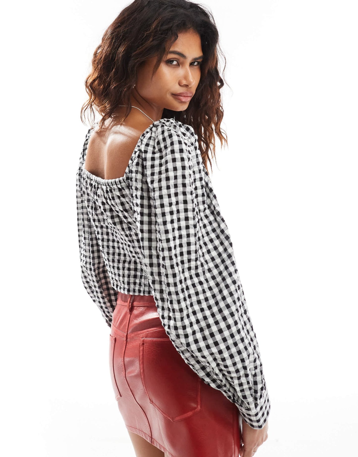 Monki long sleeve seersucker button front blouse in black and white check gingham - ASOS Sample Sale EU Store