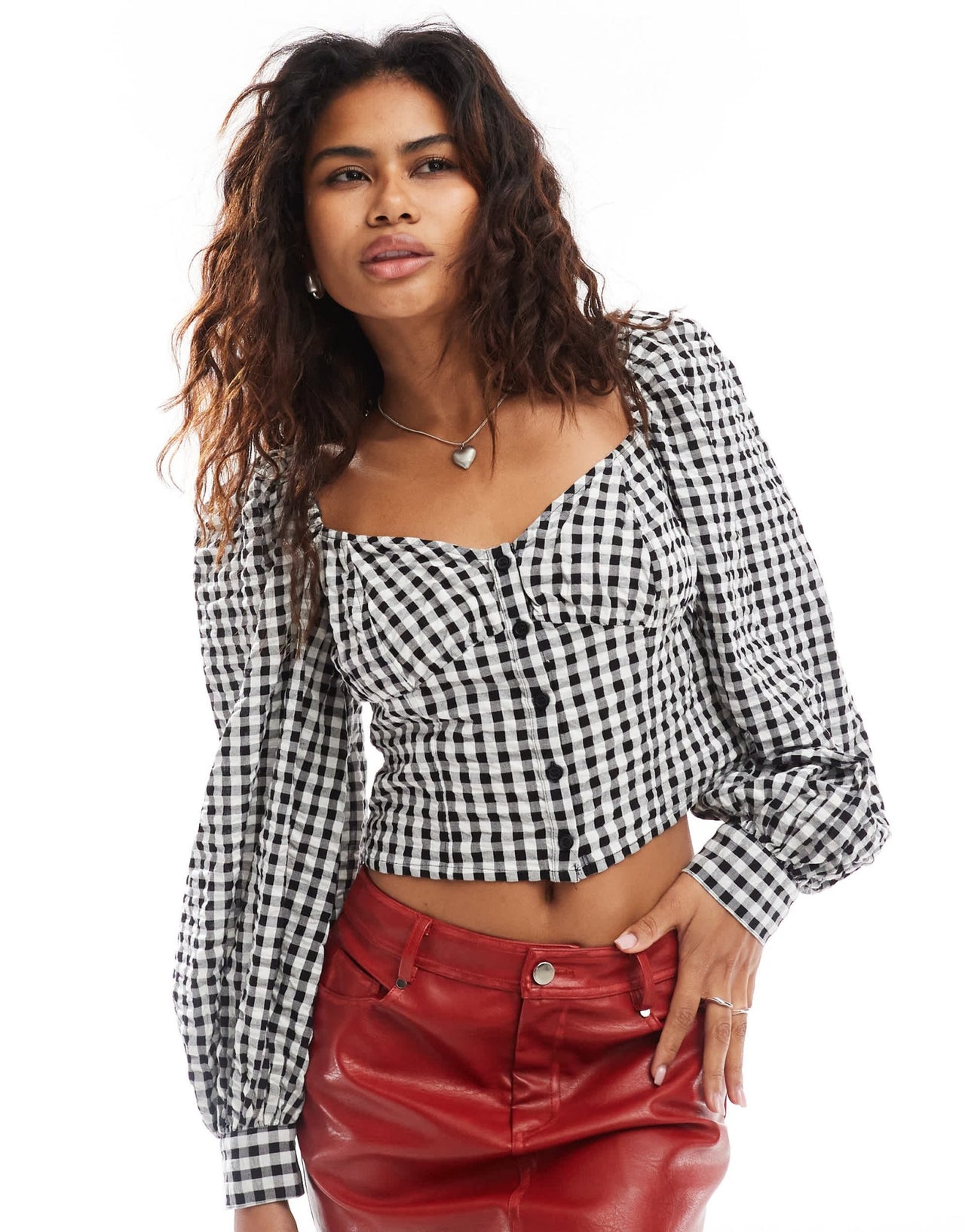 Monki long sleeve seersucker button front blouse in black and white check gingham - ASOS Sample Sale EU Store