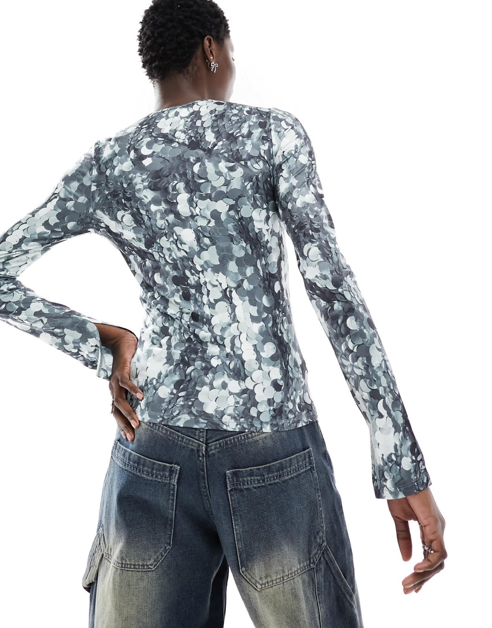 Monki long sleeve silver sequin print top - ASOS Sample Sale EU Store