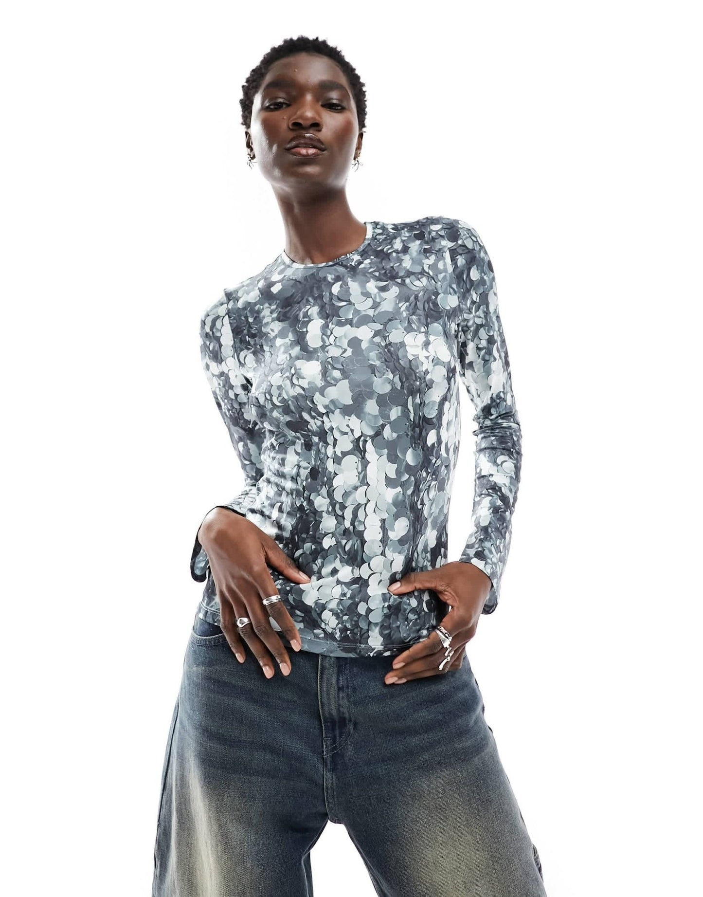 Monki long sleeve silver sequin print top - ASOS Sample Sale EU Store