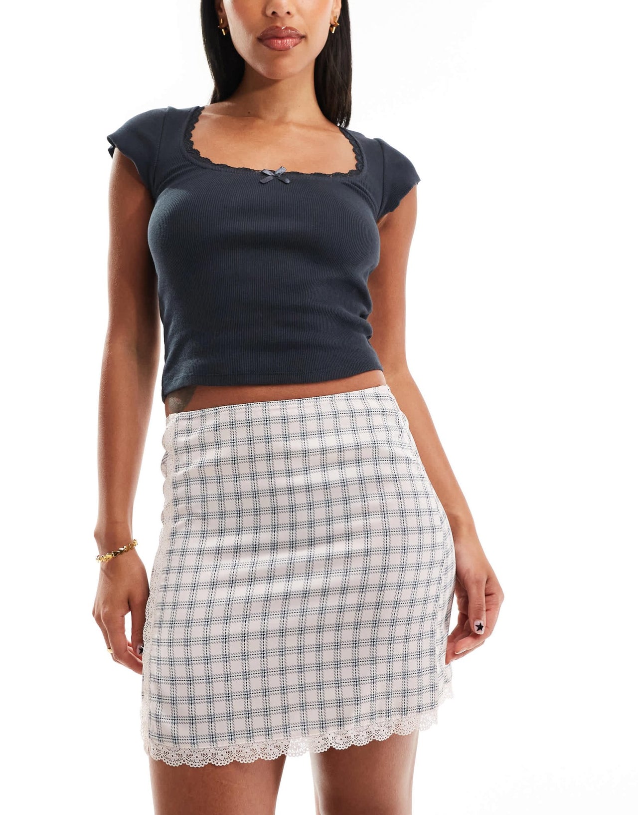 Monki mini satin lace skirt in pink check - ASOS Sample Sale EU Store