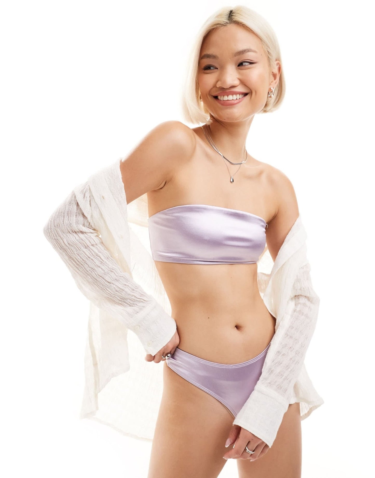 Monki mix and match bandeau bikini top in metallic lilac - ASOS Sample Sale EU Store