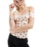 Monki off shoulder top with lettuce edge and ruched sweetheart front in pink and red ditsy print